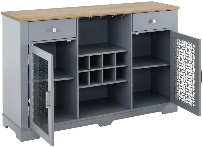 Modern Wine Bar Cabinet with Tempered Glass Doors, 56" W Buffet Cabinet with Wine Rack & Drawers, Farmhouse Coffee Bar with Intricate Patterns for Kitchen, Living Room, Dining Room