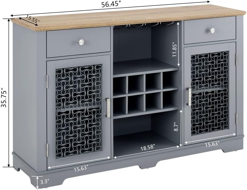 Modern Wine Bar Cabinet with Tempered Glass Doors, 56" W Buffet Cabinet with Wine Rack & Drawers, Farmhouse Coffee Bar with Intricate Patterns for Kitchen, Living Room, Dining Room