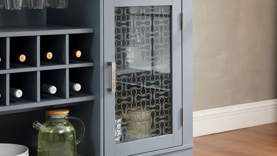 Modern Wine Bar Cabinet with Tempered Glass Doors, 56" W Buffet Cabinet with Wine Rack & Drawers, Farmhouse Coffee Bar with Intricate Patterns for Kitchen, Living Room, Dining Room