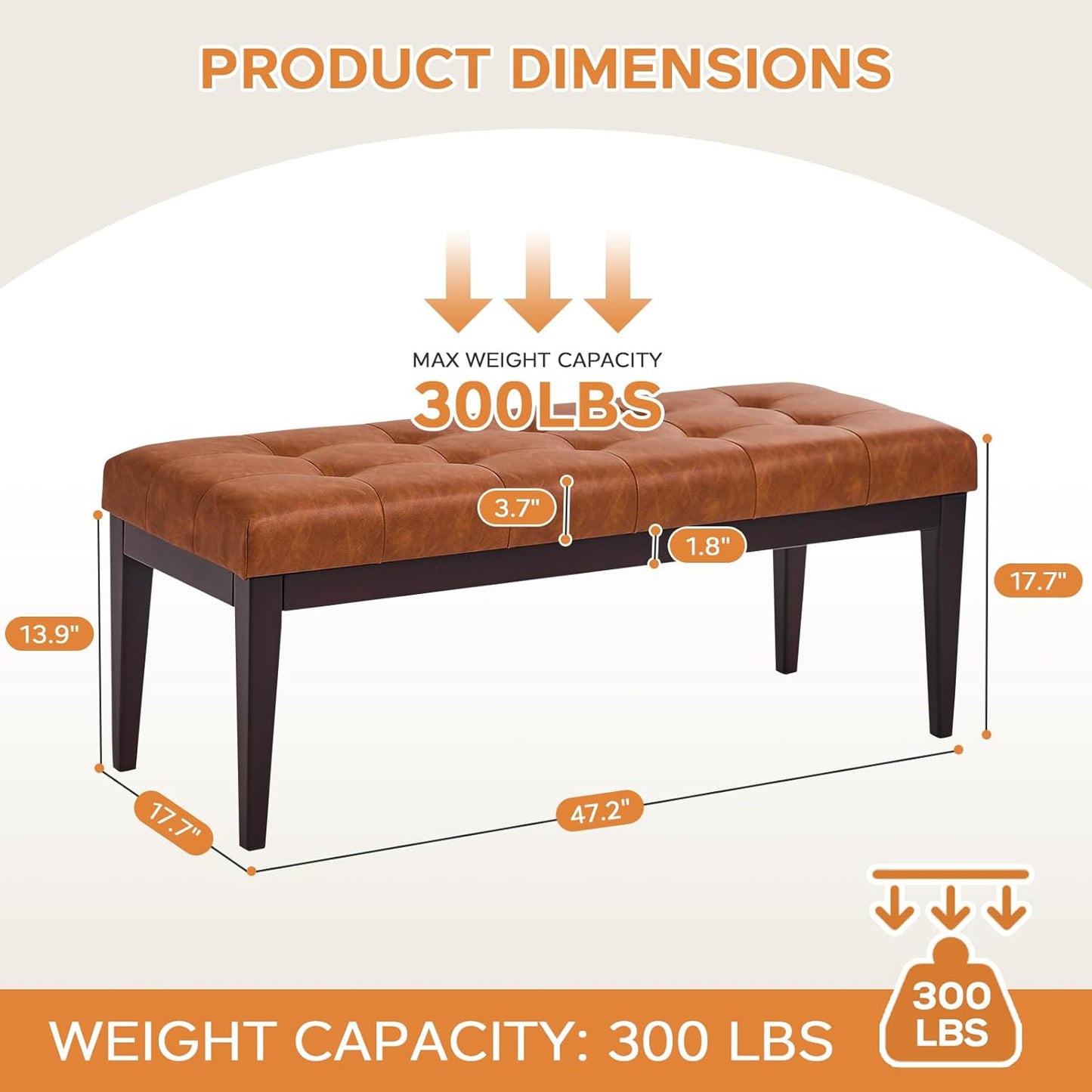 47.2" Button-Tufted Entryway Bench, Upholstered Faux Leather Ottoman Bedroom Bench, Rubberwood End of Bed Footrest Stool, Bench for Entryway Dining Room Living Room Bedroom, 300 LB, Brown