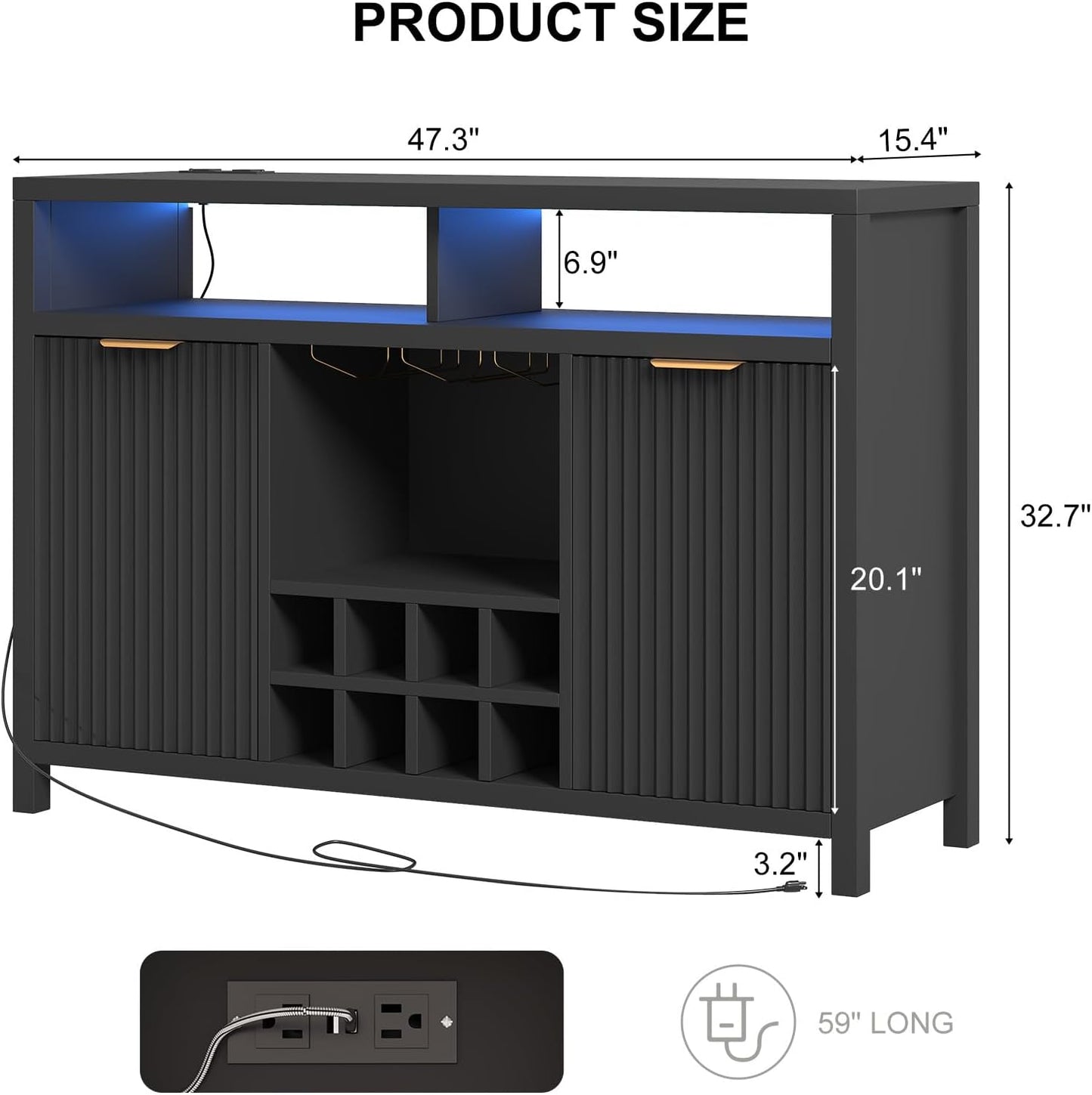 Fluted Home Bar Wine Cabinet with LED Light, Charging Station, Wine Rack - Buffet Cabinet with Storage, Coffee Bar Table, Stylish Fluted Credenza Cabinet for Modern Home Kitchen 47.2" Black