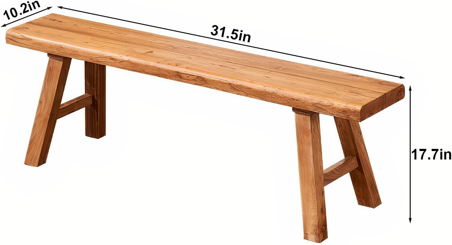 Small Farmhouse Wooden Bench Indoor - 31.5 in entryway Bench, Natural Solid Wood, Durable and Sturdy, Suitable for Dining Room, Bedroom, Porch and Other Narrow Spaces