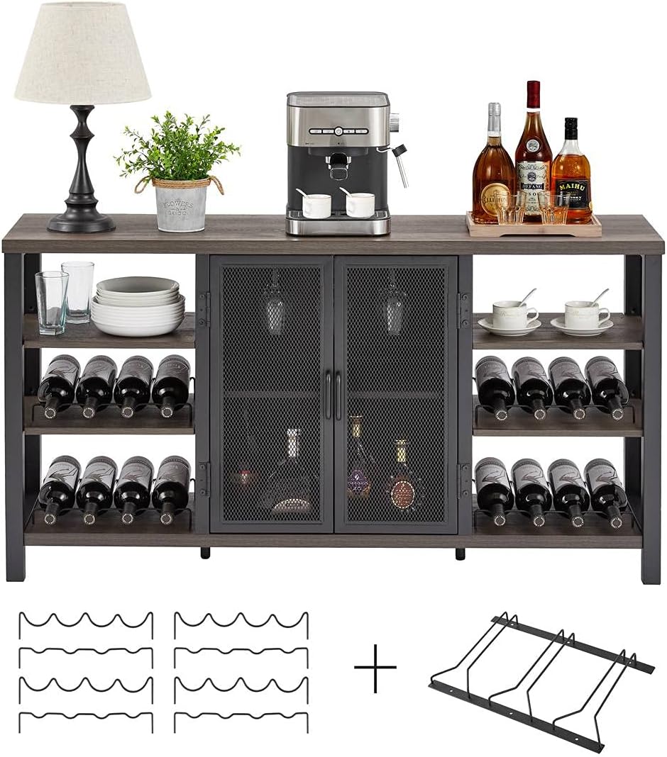 FATORRI Industrial Wine Bar Cabinet for Liquor and Glasses, Wood Coffee Bar with Wine Rack, Metal Sideboard and Buffet Cabinet (55 Inch, Walnut Brown)