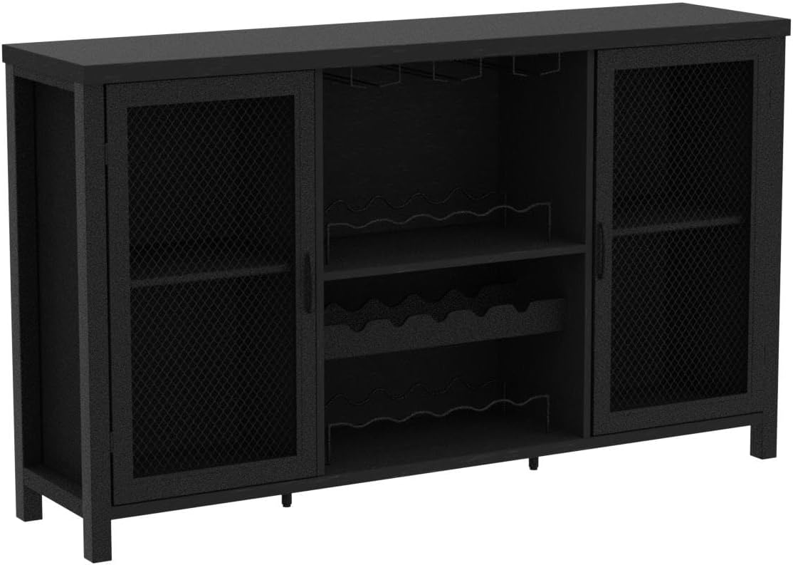IBF Black Coffee Bar and Liquor Cabinet With Wine Rack Storage, Industrial Kitchen Buffet for Home Living Dining Room, Black Oak, 55 Inch