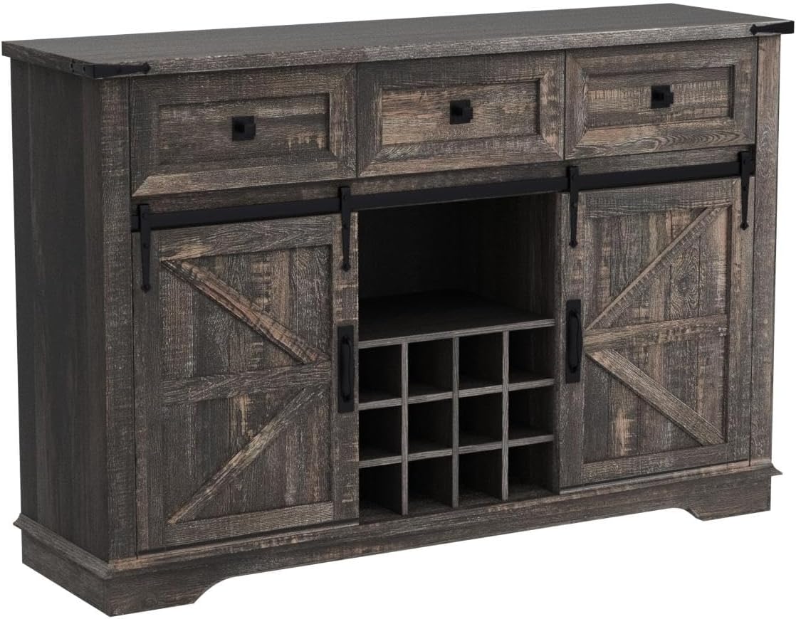 OKD Farmhouse Wine Bar Cabinet w/Sliding Barn Door, 54" Kitchen Coffee Bar Cabinet w/Wine & Glass Rack, Storage Shelves, 3 Drawers, Rustic Large Buffet Sideboard for Dining Room, Dark Rustic Oak