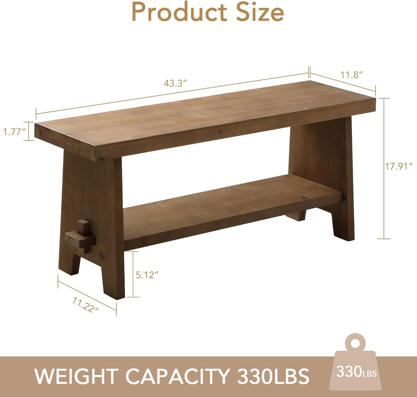 Solid Wood Entryway Bench - 43.3" Farmhouse Long Storage Bench, Rustic Narrow Bench Seat for Indoor, Entryway, Dining Room, Living Room and Hallway, Brown