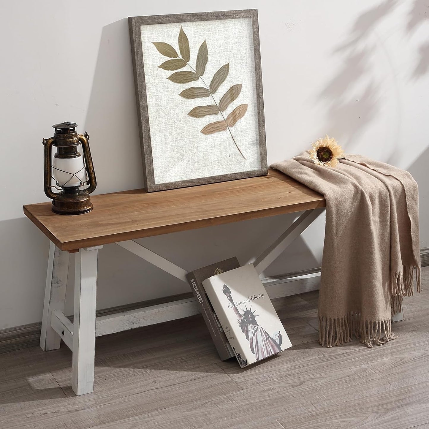 Wnutrees 43" Farmhouse Wood Bench, Narrow Bench, Long Bench Seat for Entryway, Living Room, Dining Room, Solid Wood, Natural