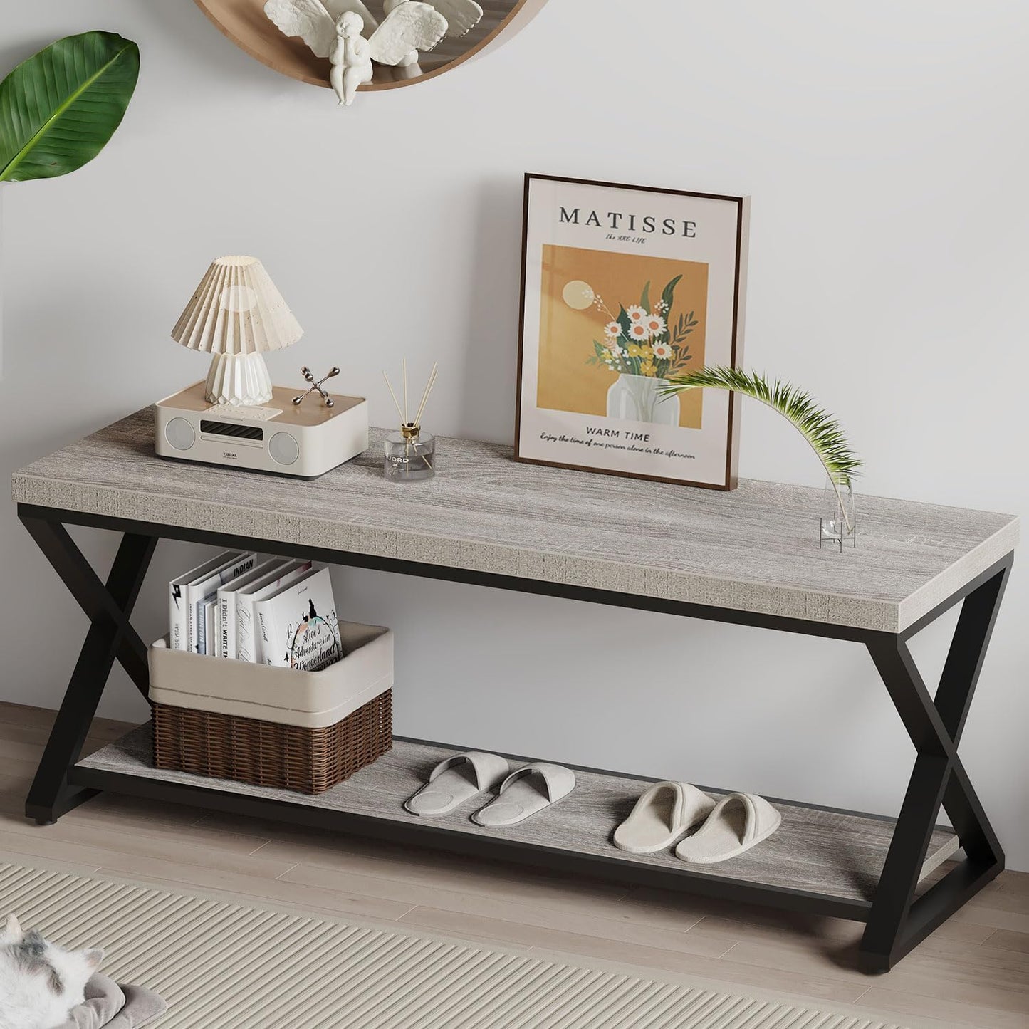 IBF Wooden Bench Indoor, Wood Entry Way Bench with Shoe Storage Rack for Entryway, Industrial Entryway Bench Seat for Foyer Bedroom Living Room Entrance Organization, Rustic Brown Oak, 39 Inch Long