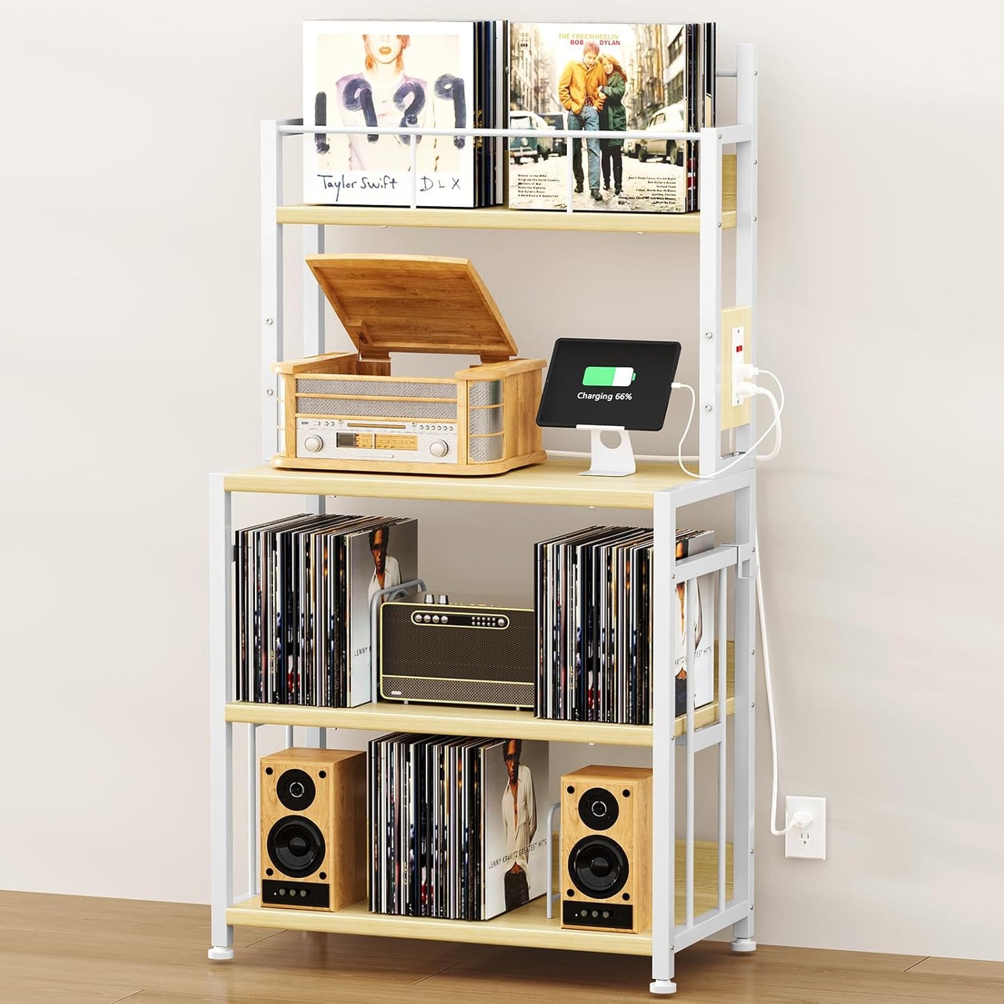 EasyCom Record Player Stand with Vinyl Storage, Turntable Stand Holds Up to 300 Albums, Large Record Player Table with Charge Station, Vinyl Record Stand for Living Room