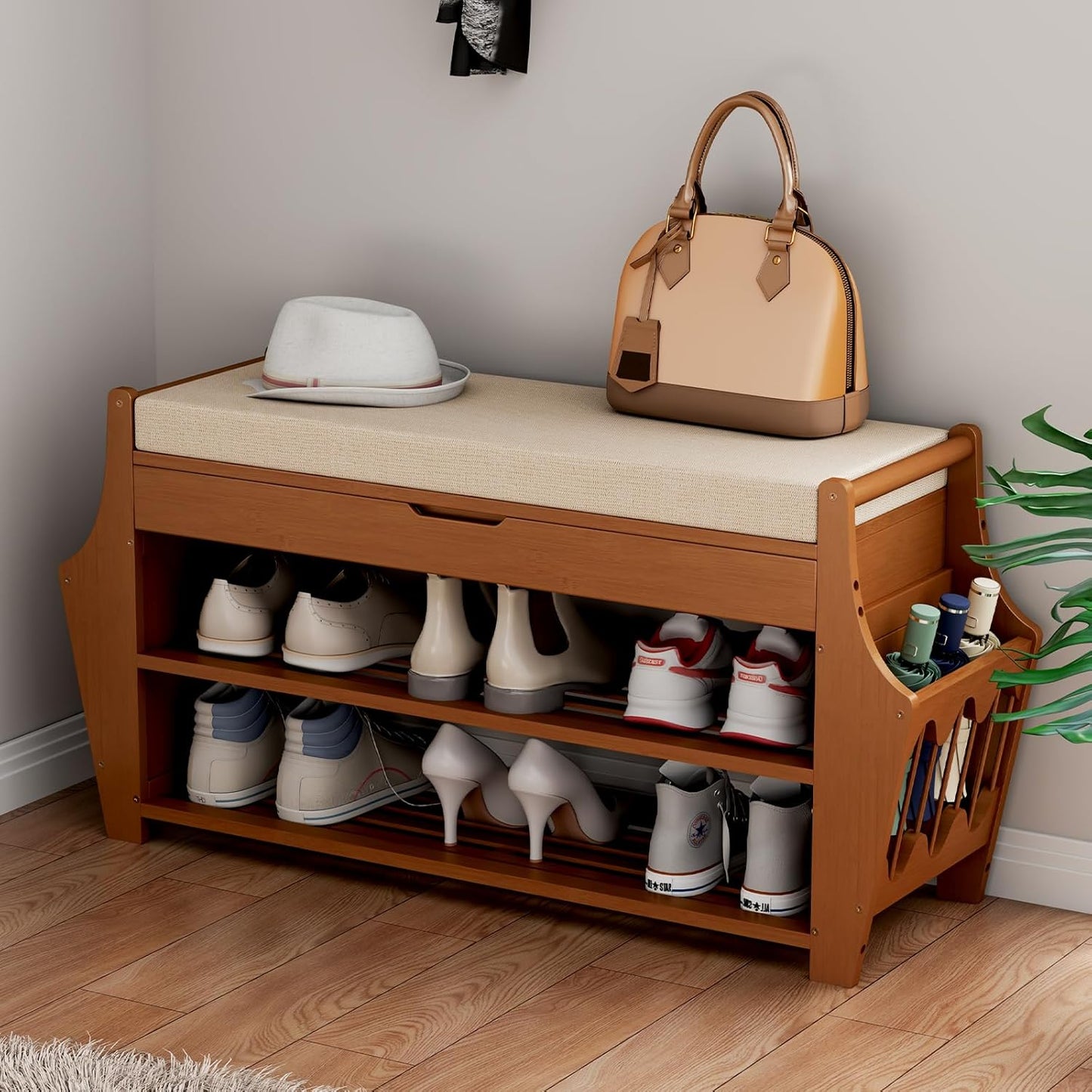 Entryway Shoe Bench, 35.4" Bamboo Bench for Bedroom End of Bed, 2-Tier Shoe Rack with Cushion Padded Seat, Shoe Organizer Stable for Entry Hallway Living Room Bedroom, 35.4"W x11.2"D x 17.7"H