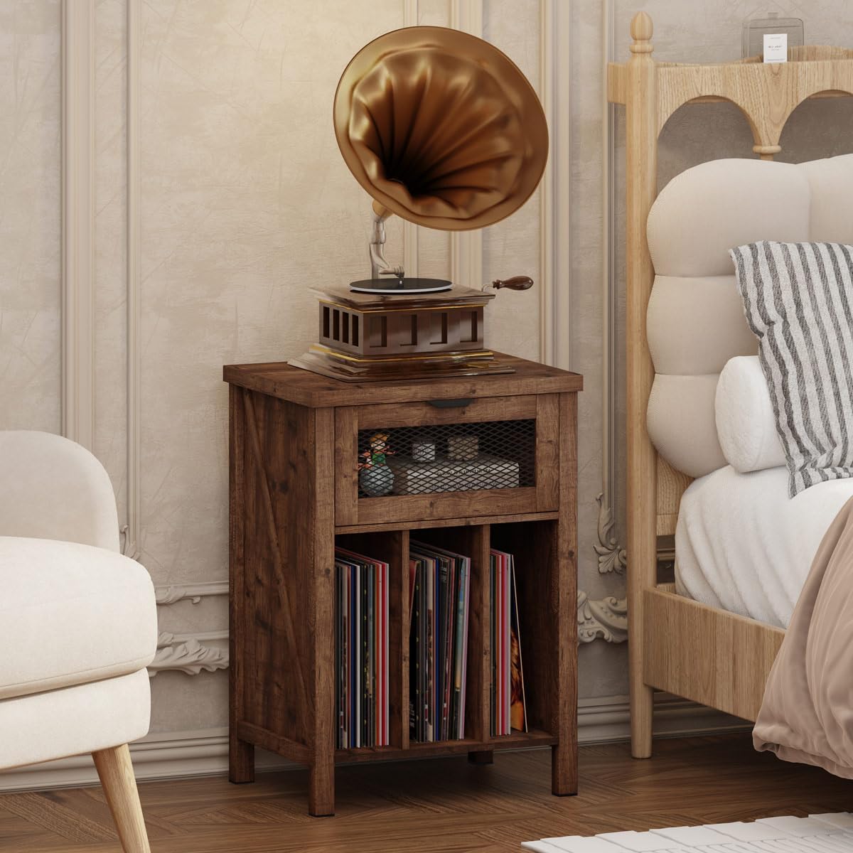 BON AUGURE Record Player Stand with Vinyl Storage, Farmhouse Record Player Cabinet End Table Holds up to 160 Albums, Brown Turntable Stand for Living Room, Bedroom, Office (Rustic Oak)