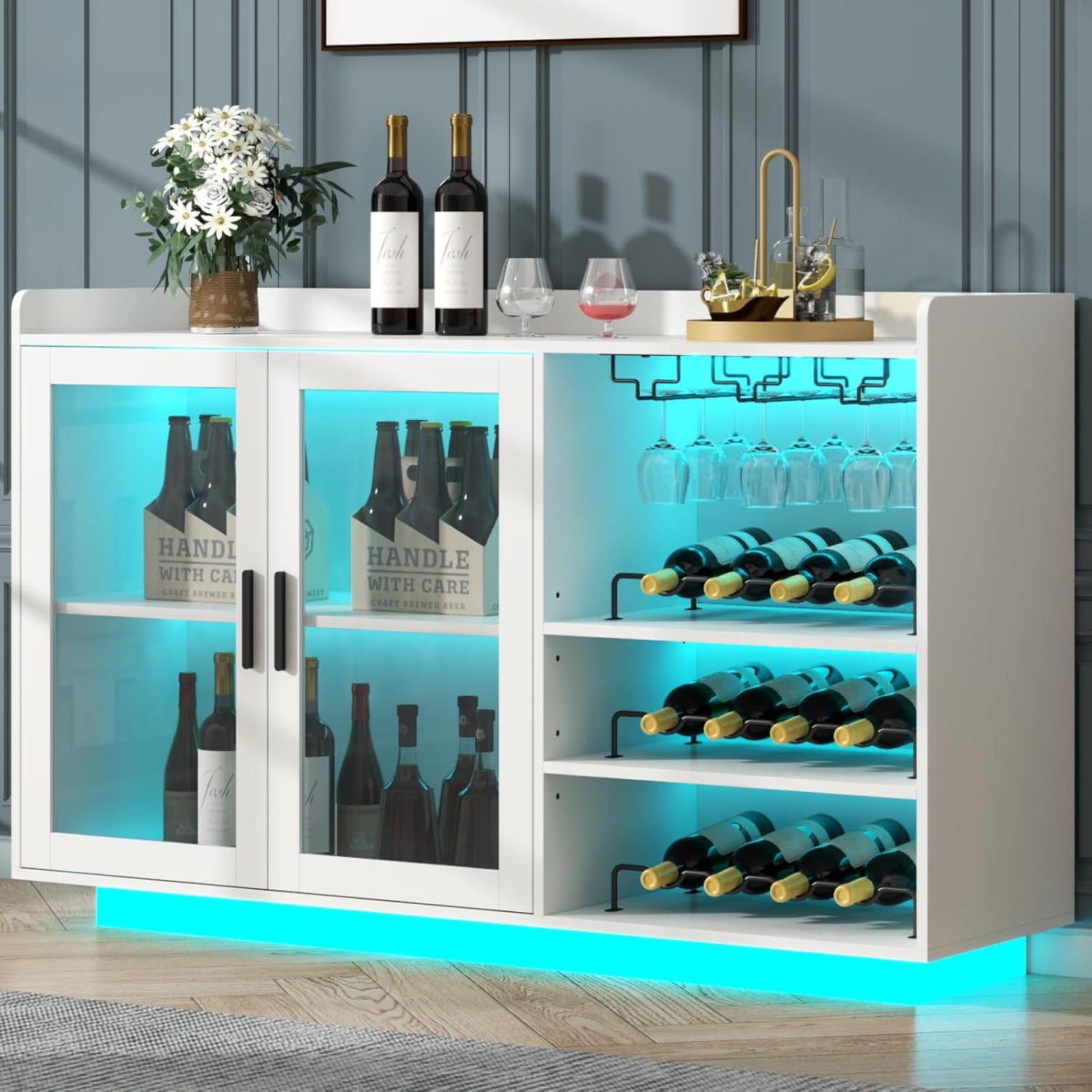 Loomie Wine Bar Cabinet with LED Lights, Floating Coffee Bar with Glass Rack and Removable Wine Racks, Modern Buffet Sideboard with Storage Shelves, Kithchen Bar with Glass Cabinet Doors, Black