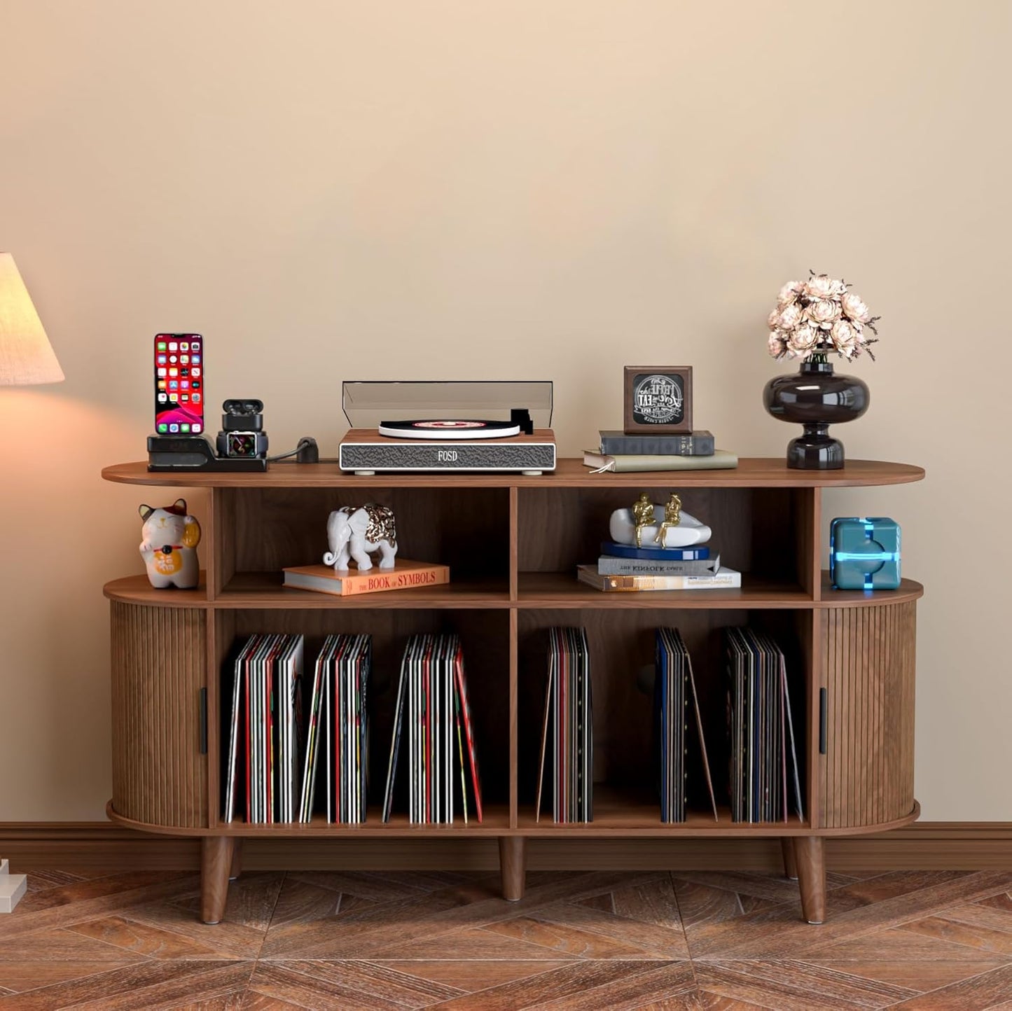 Large Round Record Player Stand with Charging Station & USB Ports,Record Storage Cabinet, Mid Century Modern Turntable Stand for Bedroom Living Room (Small Brown)