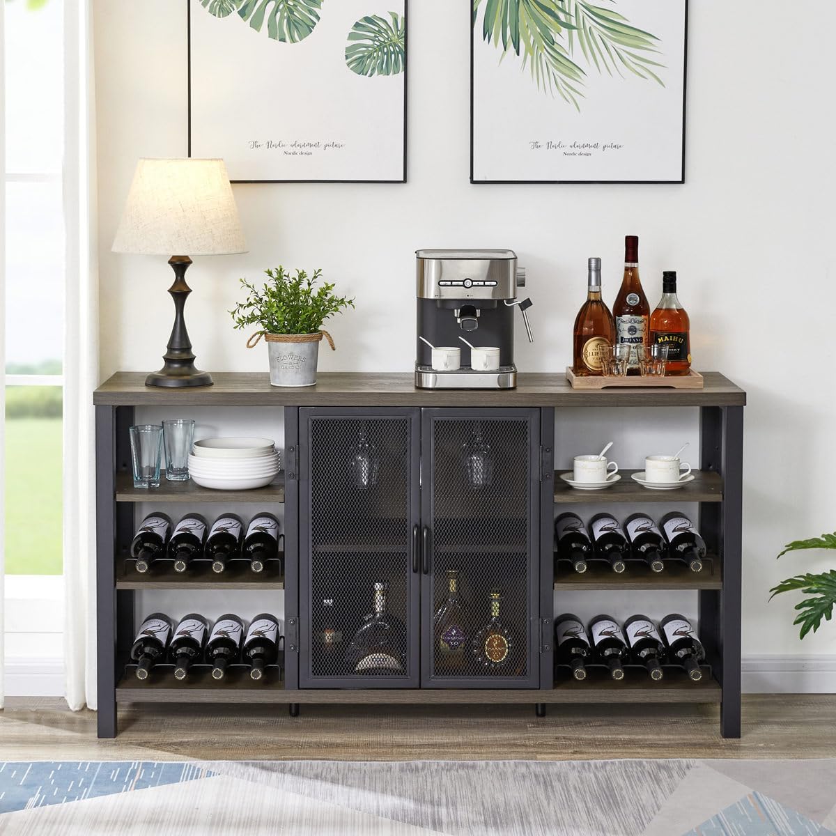 FATORRI Industrial Wine Bar Cabinet for Liquor and Glasses, Wood Coffee Bar with Wine Rack, Metal Sideboard and Buffet Cabinet (55 Inch, Walnut Brown)