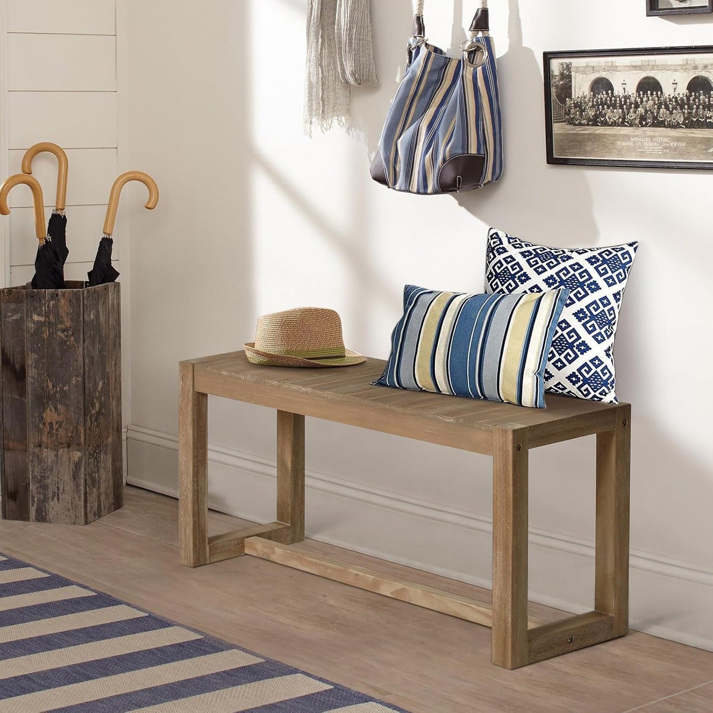 Wnutrees Farmhouse Solid Wood Bench, 31" Line Pattern Splicing Entryway Bench, Narrow Bench Seat for Living Room, Dining Room, Bathroom, Indoors, Natural