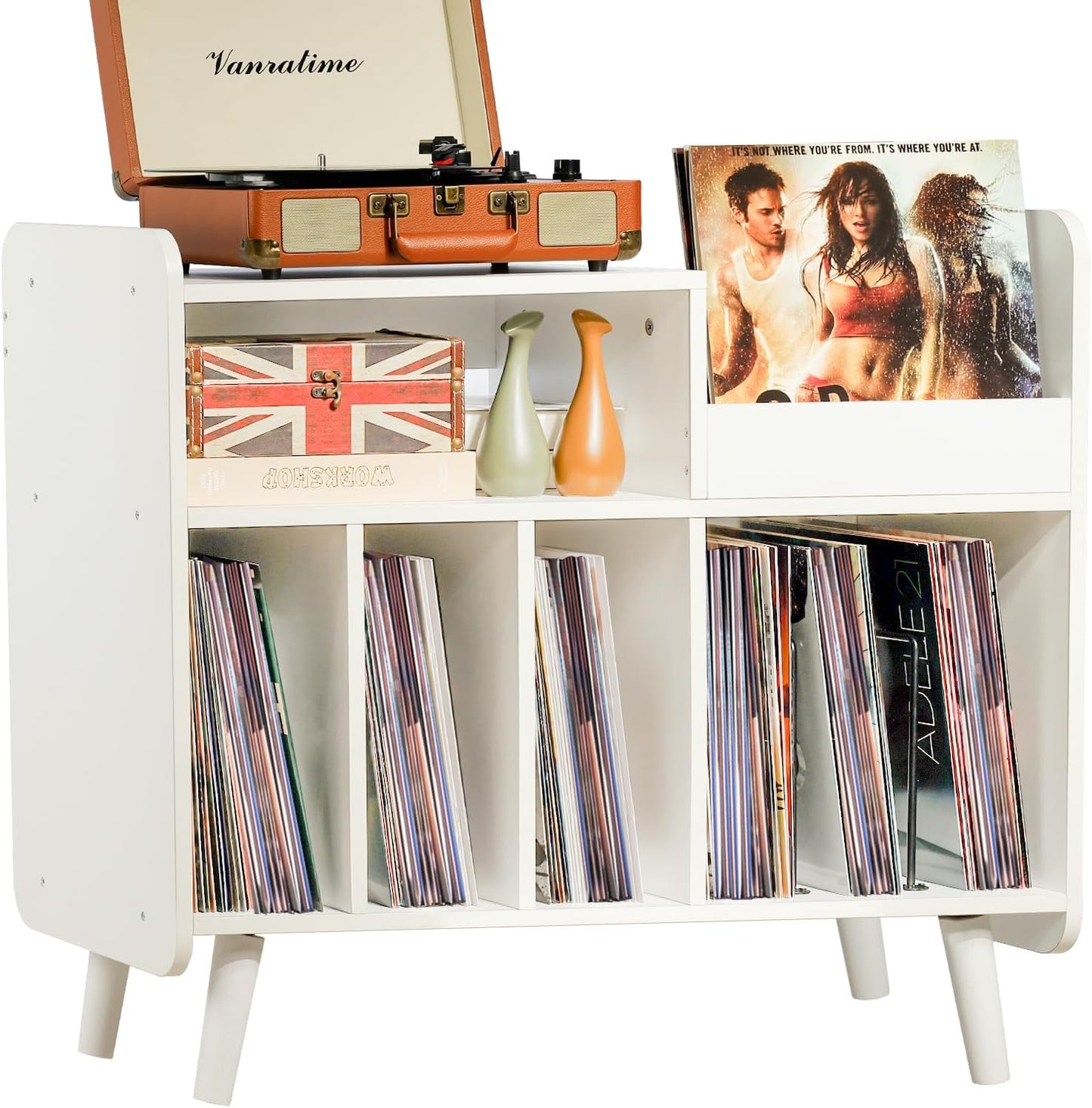 Record Player Stand, Large Record Player Table Cabinet with Open Vinyl Storage and Display Shelf Holds up to 350 Albums, Mid Century Wood Turntable for Living Room, Bedroom (Brown)