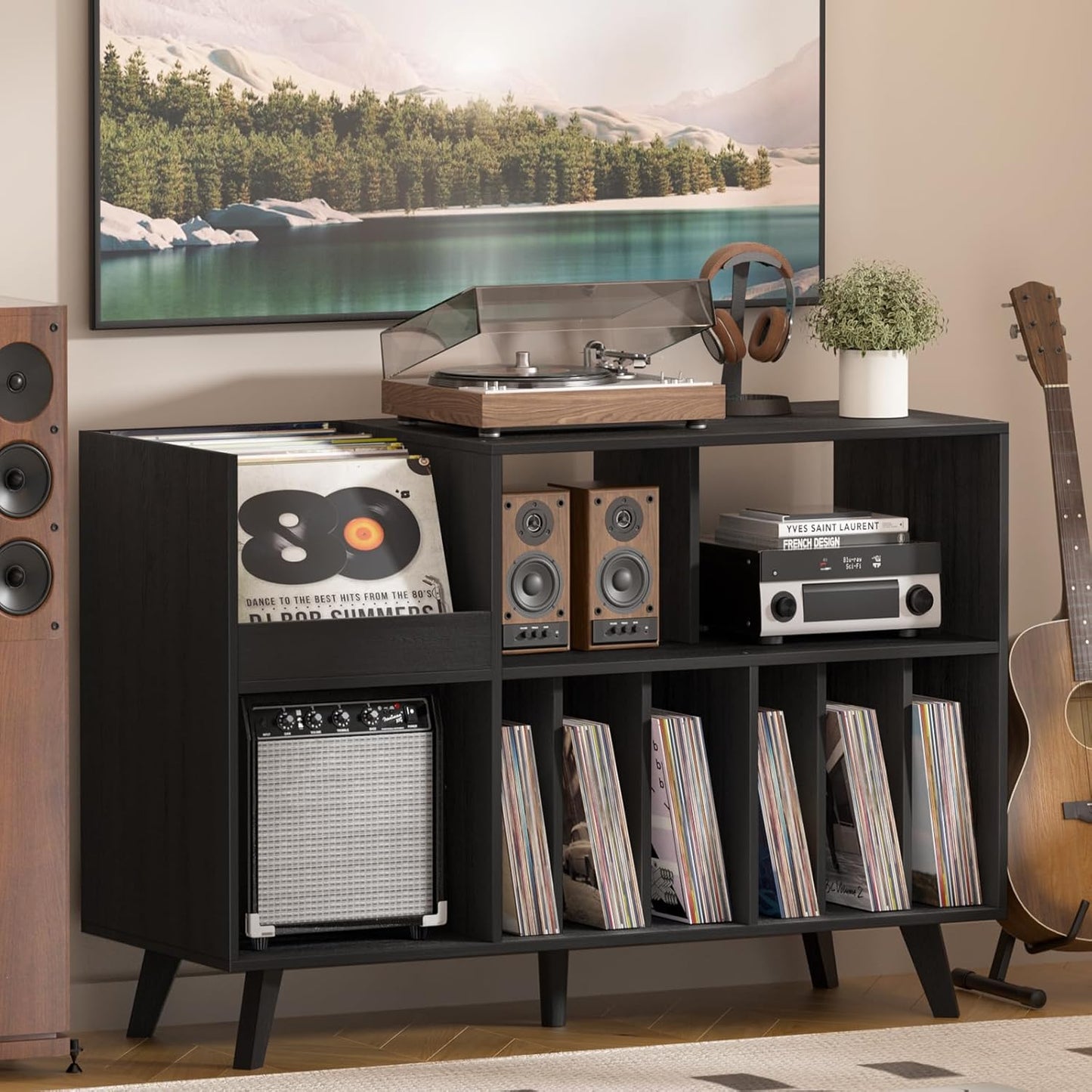 LELELINKY Large Record Player Stand, Turntable Stand with Storage, Vinyl Record Holder with Display Area, Record Player Table Holds Up to 300 Albums, Record Stand for Music Room Living Room-Natural