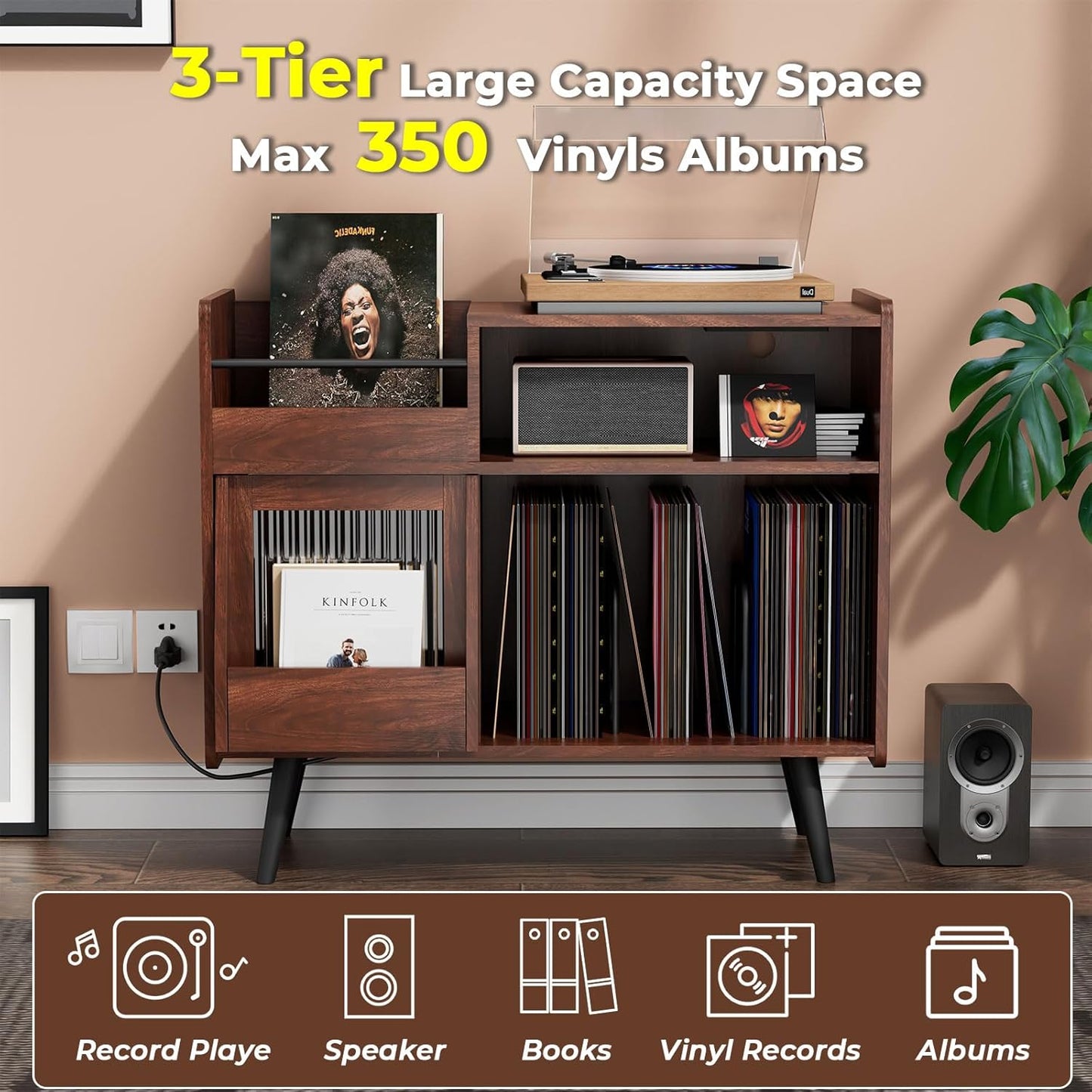 Large Record Player Stand with Sliding Door,350 Vinyl Record Storage Cabinet, Record Player Table with Power Outlet and LED Light,Turntable Stand with Wood Legs for Living Room,Bedroom,Office