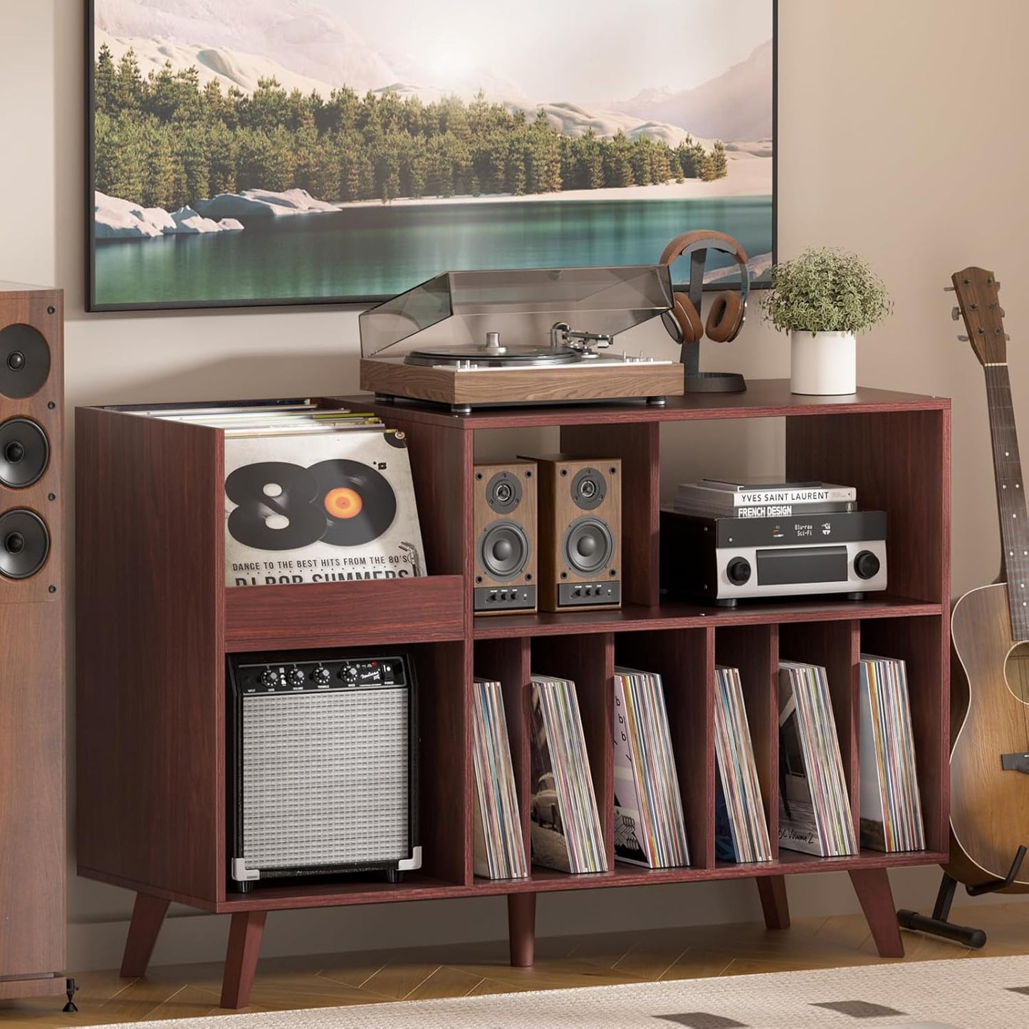 LELELINKY Large Record Player Stand, Turntable Stand with Storage, Vinyl Record Holder with Display Area, Record Player Table Holds Up to 300 Albums, Record Stand for Music Room Living Room-Natural