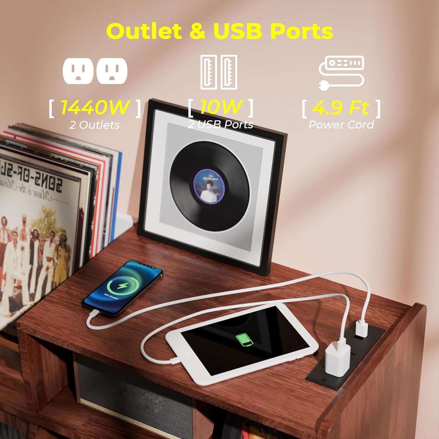 Large Record Player Stand with Sliding Door,350 Vinyl Record Storage Cabinet, Record Player Table with Power Outlet and LED Light,Turntable Stand with Wood Legs for Living Room,Bedroom,Office