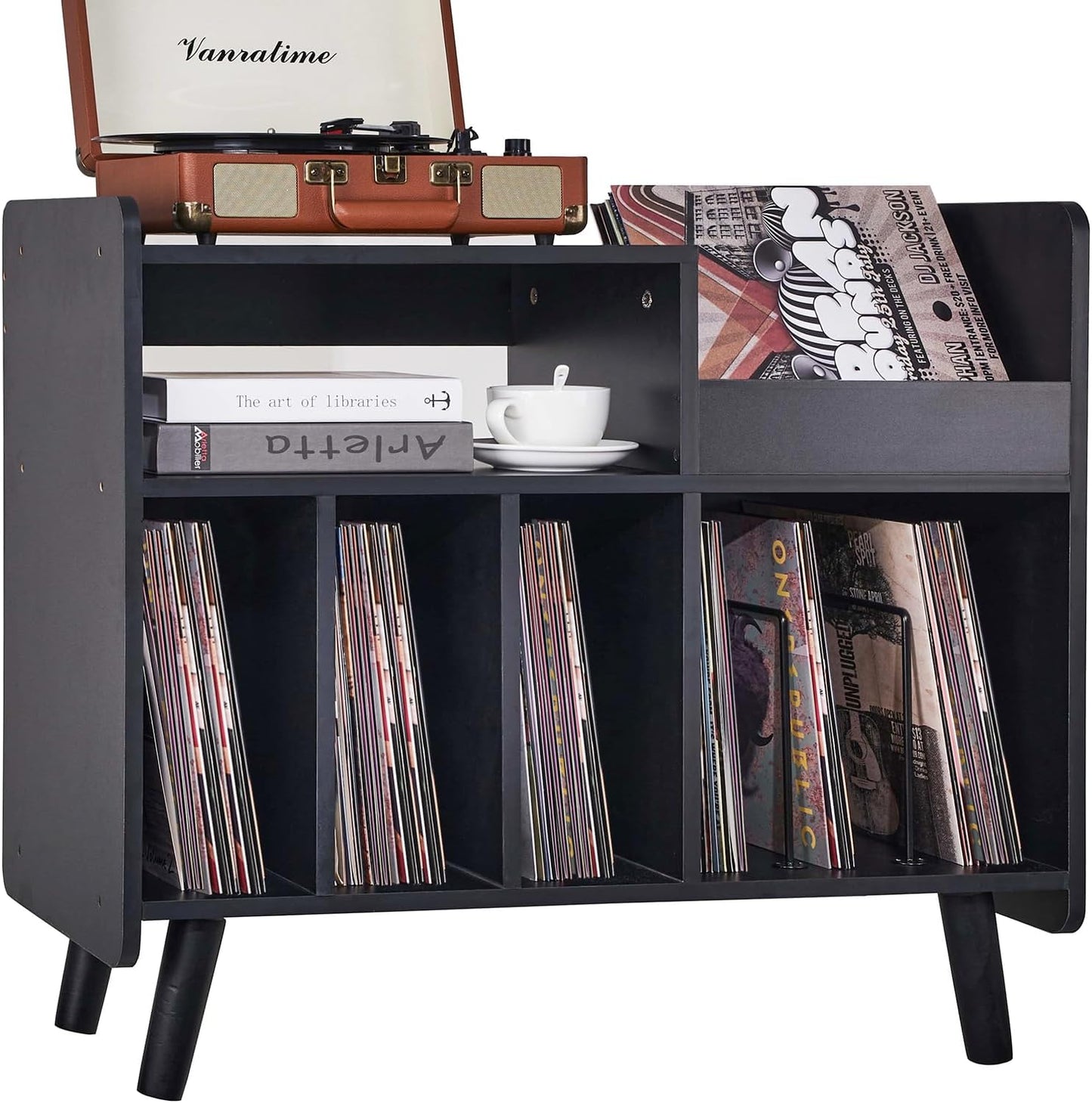 Record Player Stand, Large Record Player Table Cabinet with Open Vinyl Storage and Display Shelf Holds up to 350 Albums, Mid Century Wood Turntable for Living Room, Bedroom (Brown)