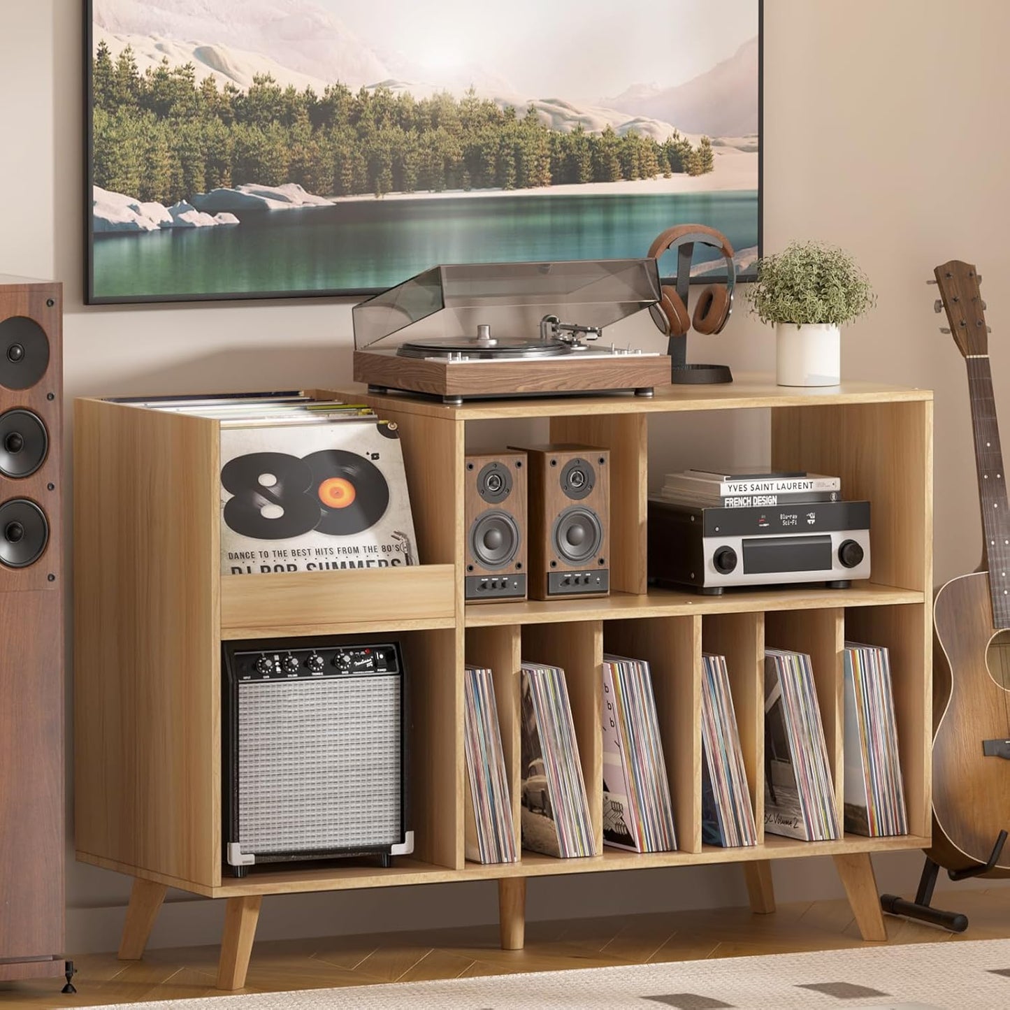 LELELINKY Large Record Player Stand, Turntable Stand with Storage, Vinyl Record Holder with Display Area, Record Player Table Holds Up to 300 Albums, Record Stand for Music Room Living Room-Natural