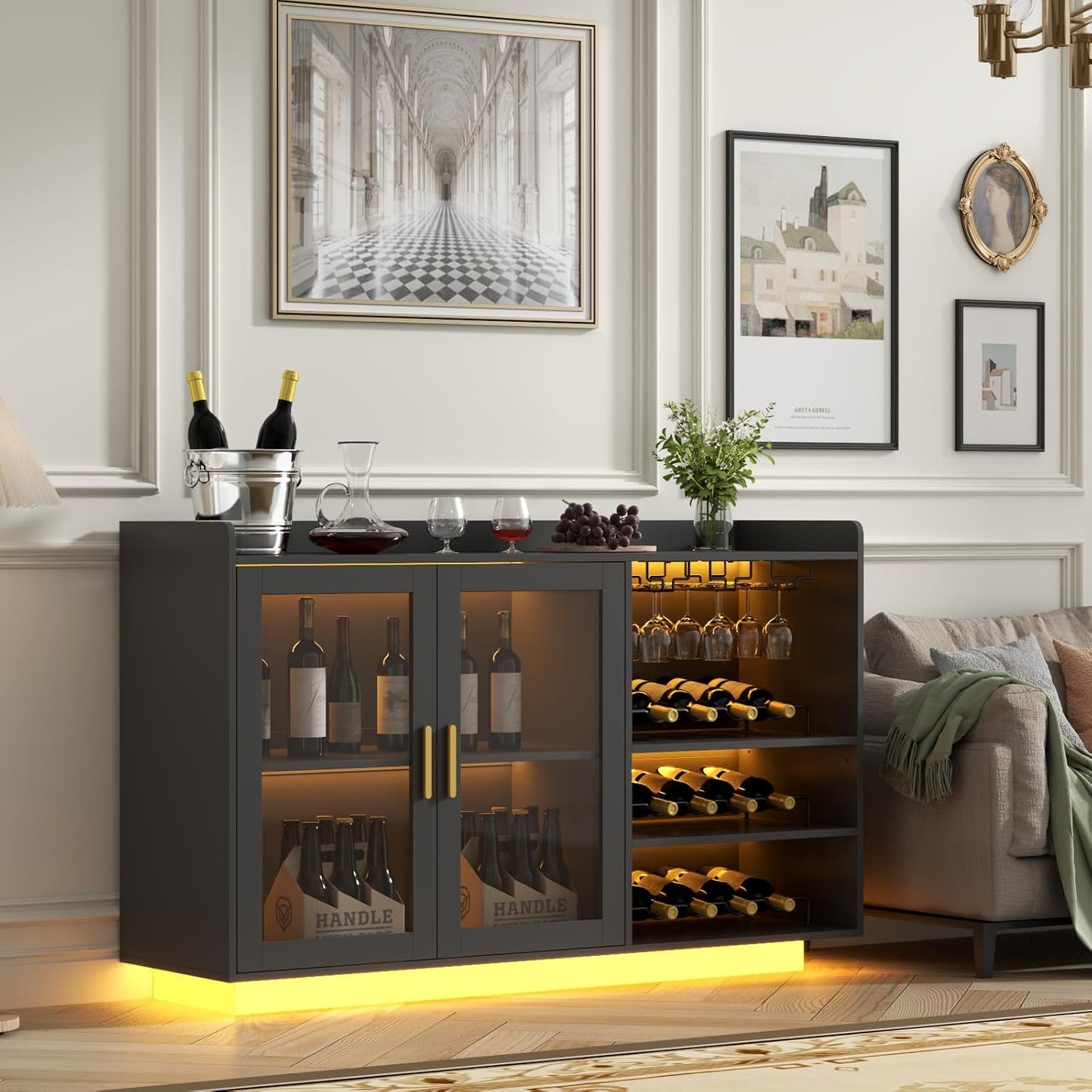 Loomie Wine Bar Cabinet with LED Lights, Floating Coffee Bar with Glass Rack and Removable Wine Racks, Modern Buffet Sideboard with Storage Shelves, Kithchen Bar with Glass Cabinet Doors, Black