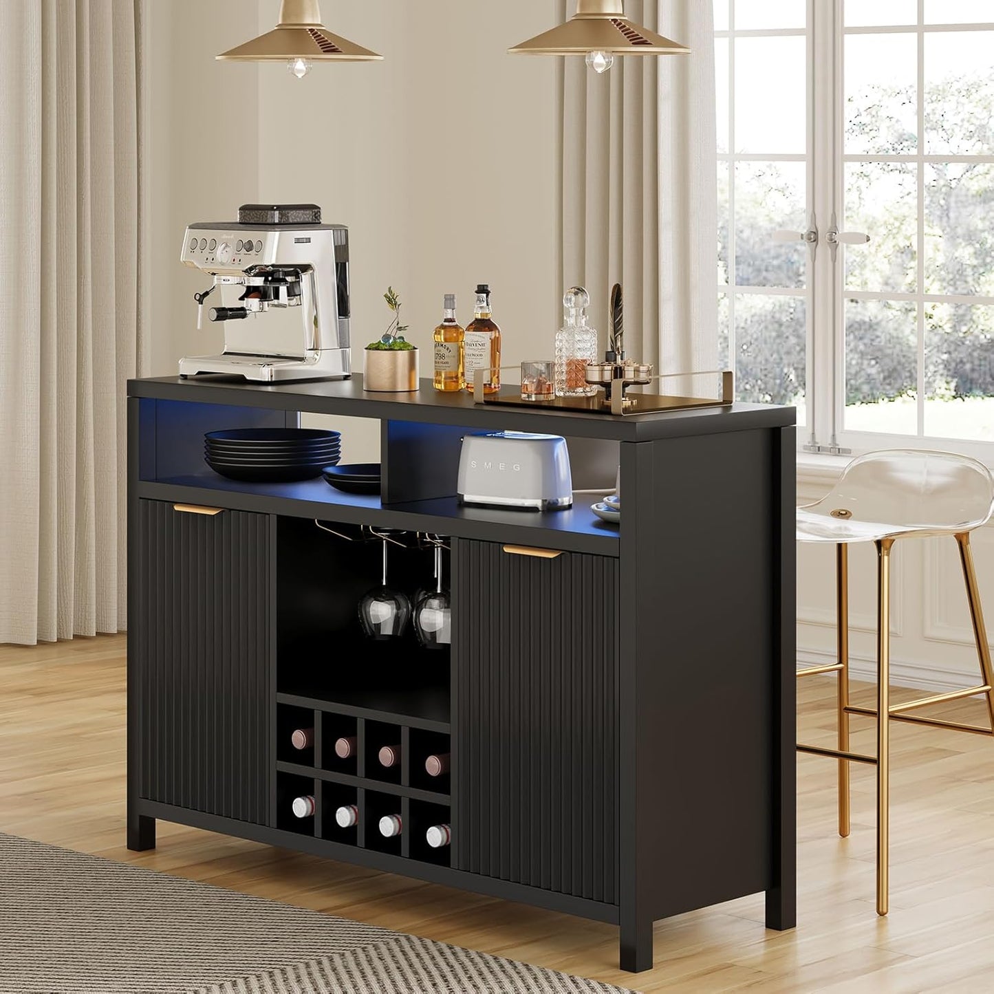 Fluted Home Bar Wine Cabinet with LED Light, Charging Station, Wine Rack - Buffet Cabinet with Storage, Coffee Bar Table, Stylish Fluted Credenza Cabinet for Modern Home Kitchen 47.2" Black