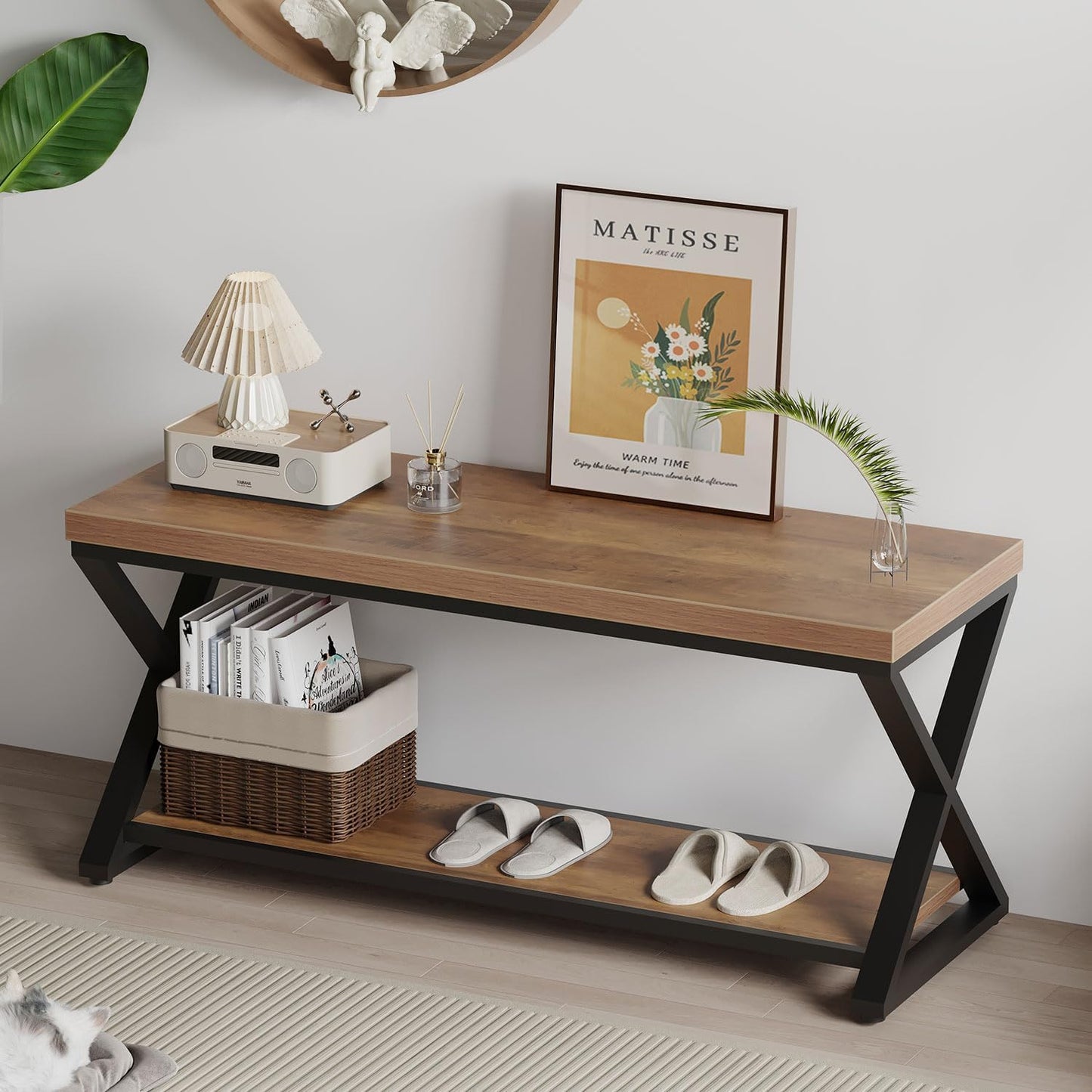 IBF Wooden Bench Indoor, Wood Entry Way Bench with Shoe Storage Rack for Entryway, Industrial Entryway Bench Seat for Foyer Bedroom Living Room Entrance Organization, Rustic Brown Oak, 39 Inch Long