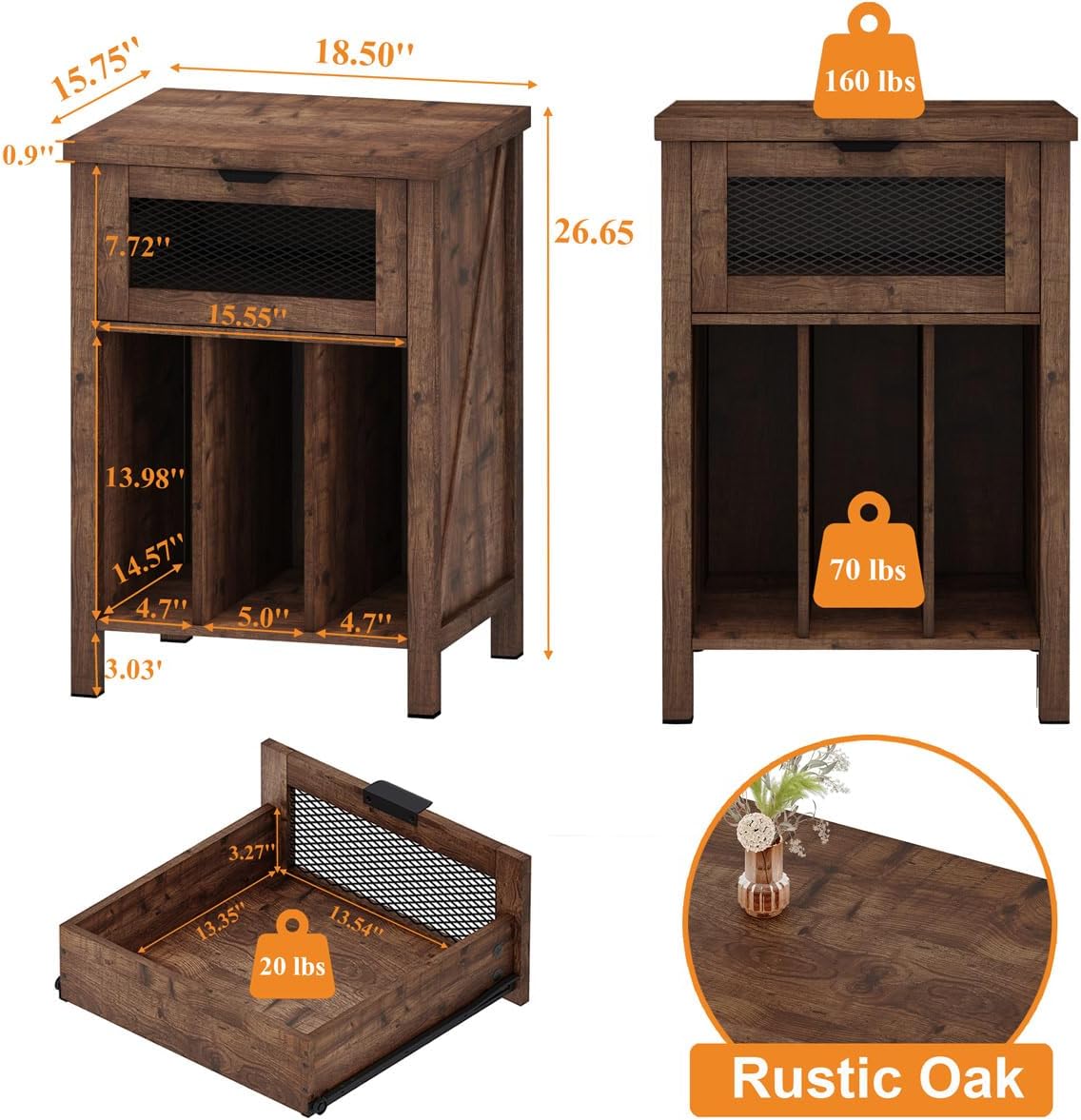BON AUGURE Record Player Stand with Vinyl Storage, Farmhouse Record Player Cabinet End Table Holds up to 160 Albums, Brown Turntable Stand for Living Room, Bedroom, Office (Rustic Oak)