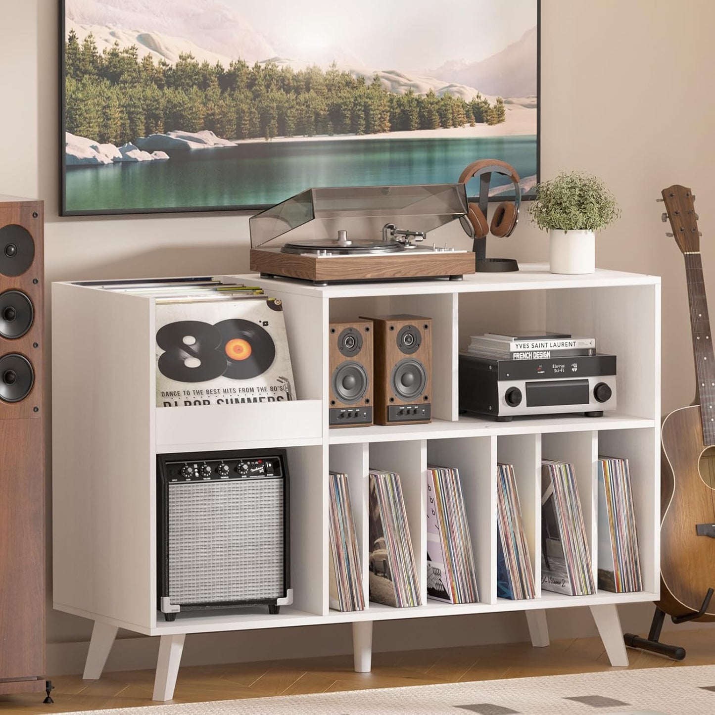 LELELINKY Large Record Player Stand, Turntable Stand with Storage, Vinyl Record Holder with Display Area, Record Player Table Holds Up to 300 Albums, Record Stand for Music Room Living Room-Natural