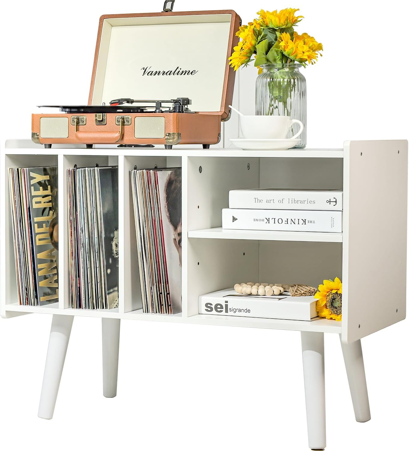 Record Player Stand with Vinyl Storage Holds Up to 300lb, Large Record Player Table Cabinet for Album Storage with Holder Vinyl Display Shelf, Wood Turntable Stand for Bedroom Living Room (Brown)