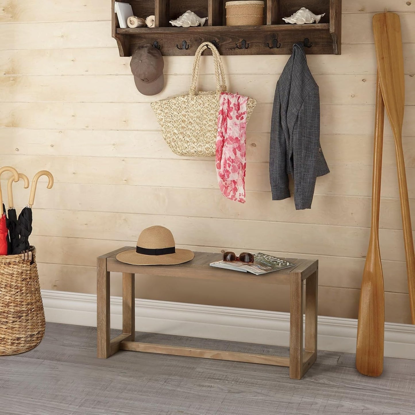 Wnutrees Farmhouse Solid Wood Bench, 31" Line Pattern Splicing Entryway Bench, Narrow Bench Seat for Living Room, Dining Room, Bathroom, Indoors, Natural