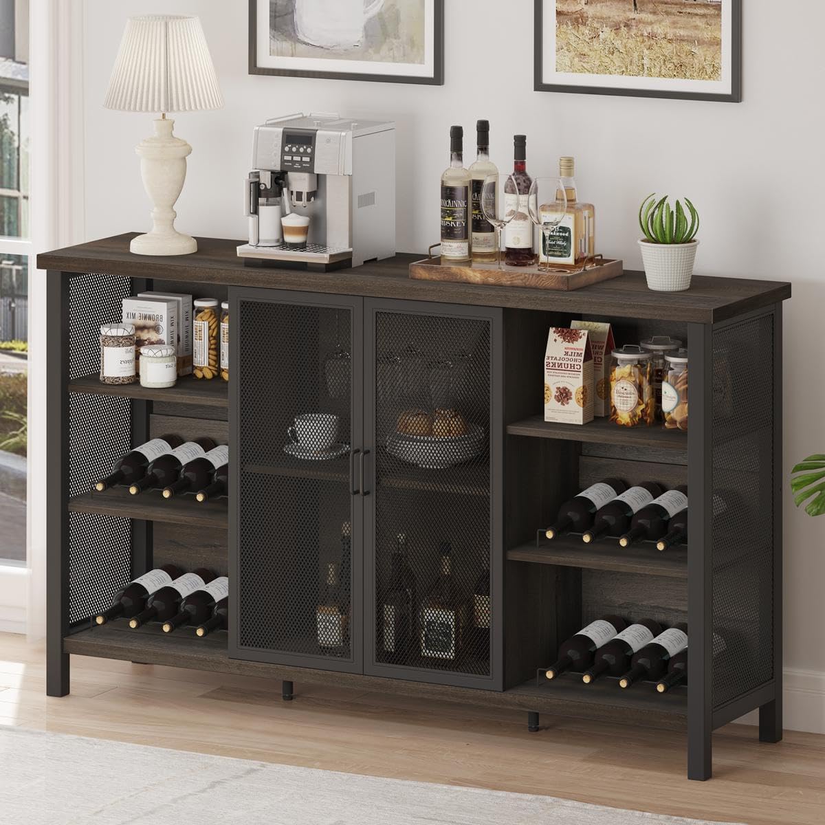 FATORRI Industrial Wine Bar Cabinet for Liquor and Glasses, Wood Coffee Bar with Wine Rack, Metal Sideboard and Buffet Cabinet (55 Inch, Walnut Brown)