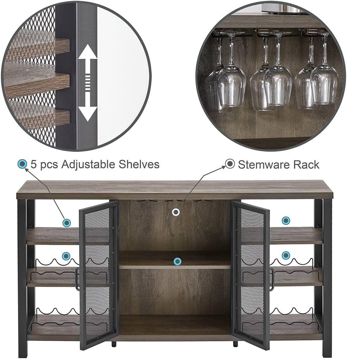 FATORRI Industrial Wine Bar Cabinet for Liquor and Glasses, Wood Coffee Bar with Wine Rack, Metal Sideboard and Buffet Cabinet (55 Inch, Walnut Brown)