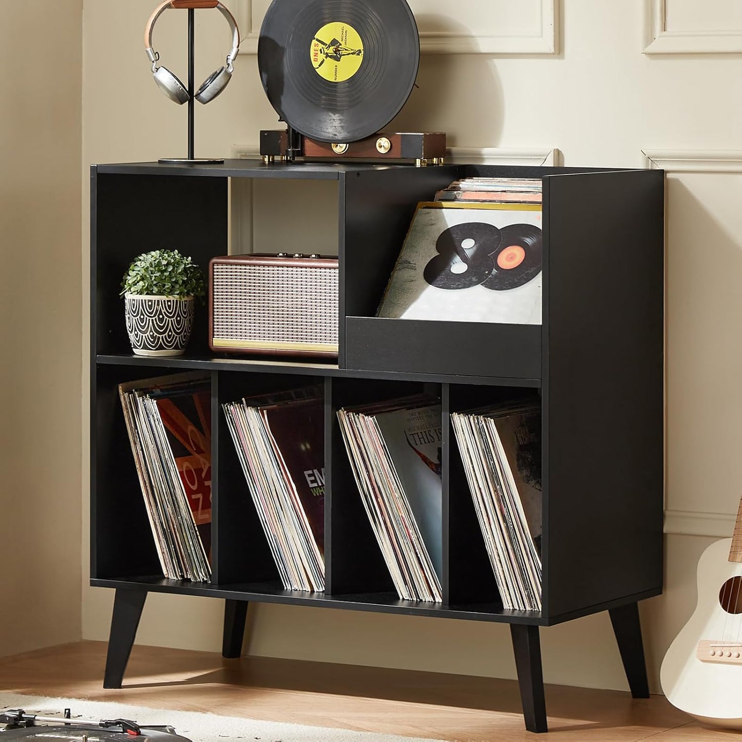 LELELINKY Large Record Player Stand, Turntable Stand with Storage, Vinyl Record Holder with Display Area, Record Player Table Holds Up to 300 Albums, Record Stand for Music Room Living Room-Natural