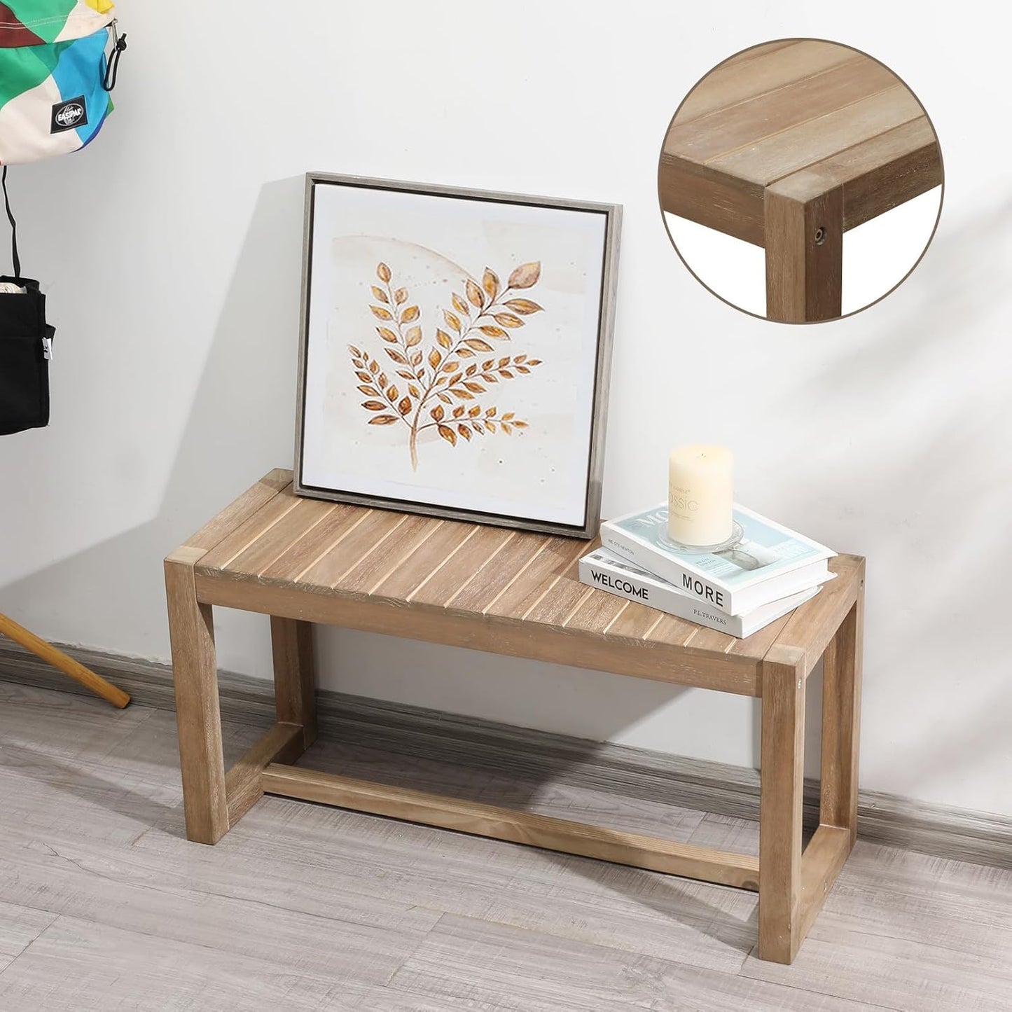 Wnutrees Farmhouse Solid Wood Bench, 31" Line Pattern Splicing Entryway Bench, Narrow Bench Seat for Living Room, Dining Room, Bathroom, Indoors, Natural