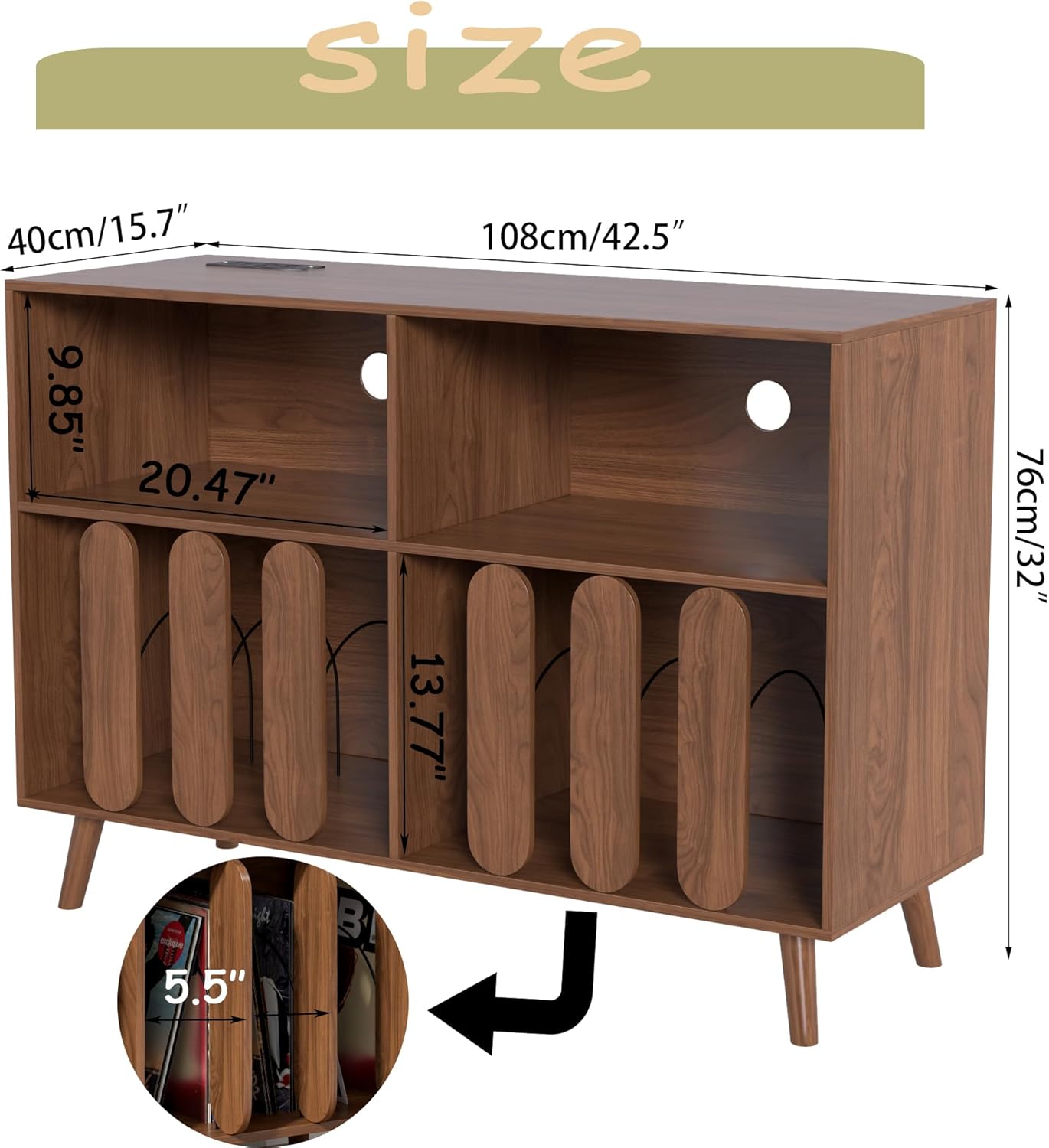 Large Record Player Stand, Vinyl Record Storage Holder, Record Player Table with Power Outlet, Turntable Stand with Wood Legs for Living Room, Office (Walnut)
