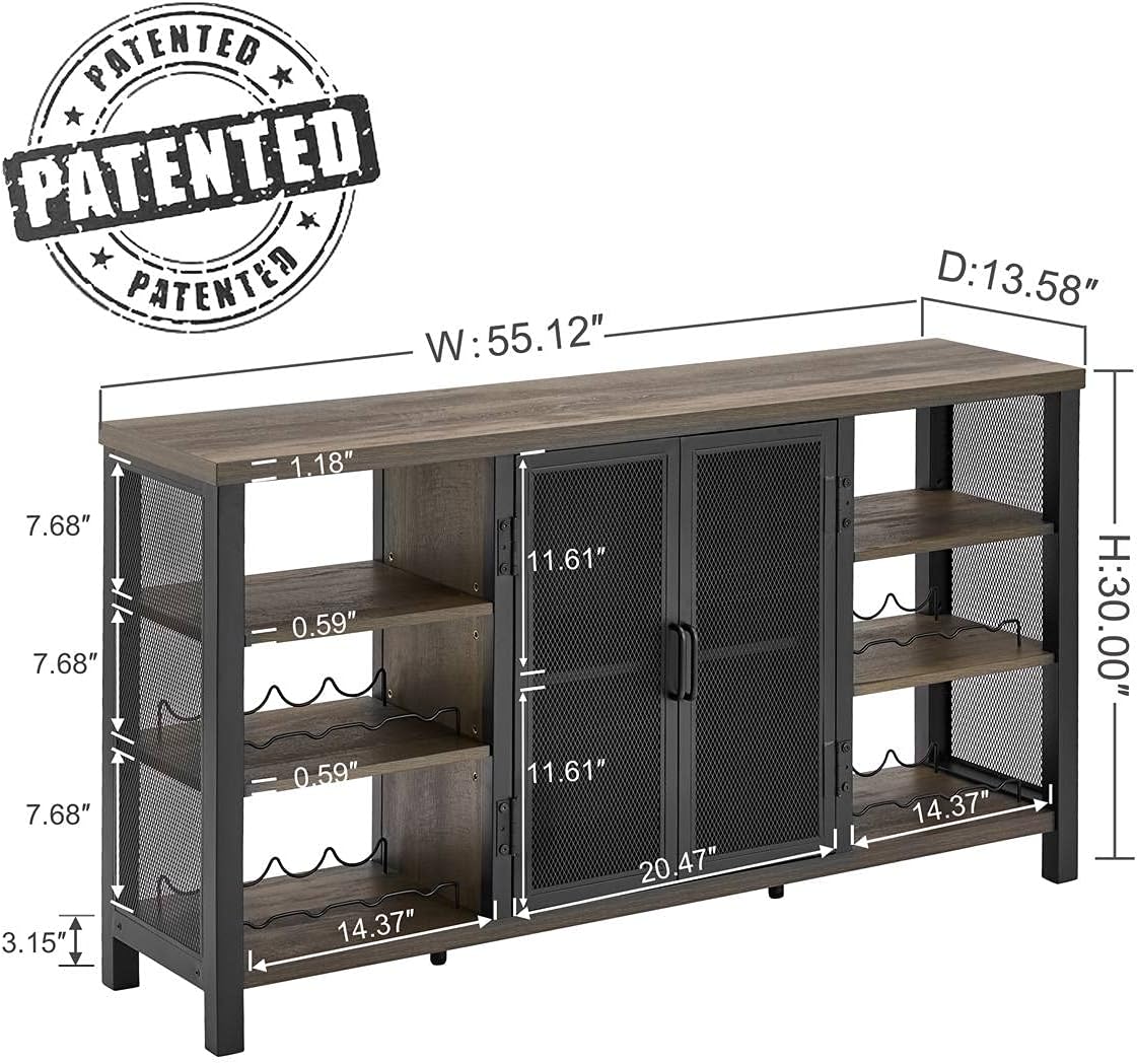 FATORRI Industrial Wine Bar Cabinet for Liquor and Glasses, Wood Coffee Bar with Wine Rack, Metal Sideboard and Buffet Cabinet (55 Inch, Walnut Brown)