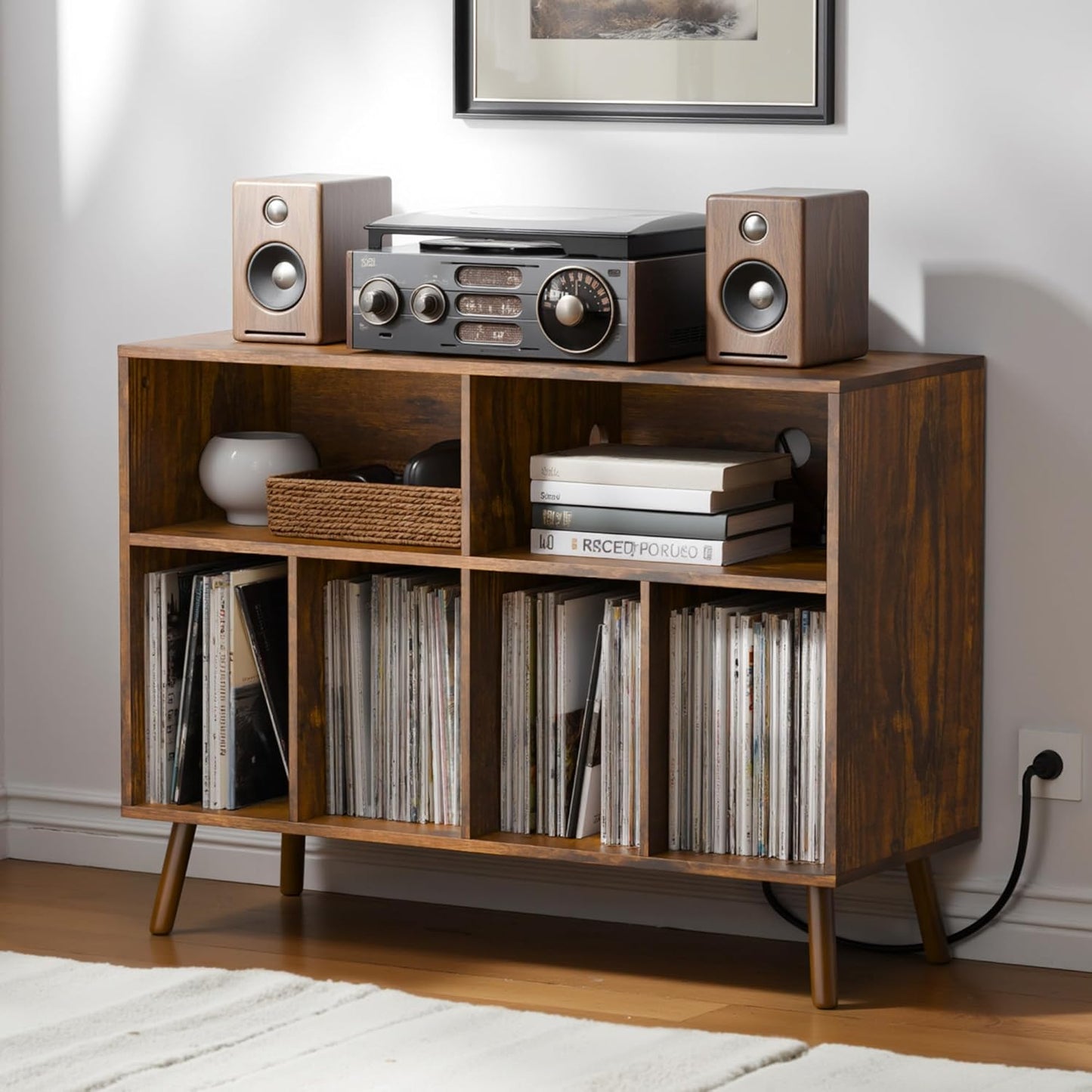 Cozy Castle Record Player Stand with Vinyl Storage Cabinet, Wood Turntable Table Open Shelf Holder Up to 350 Albums Cube Storage Organizer for Living Room, Office, Brown