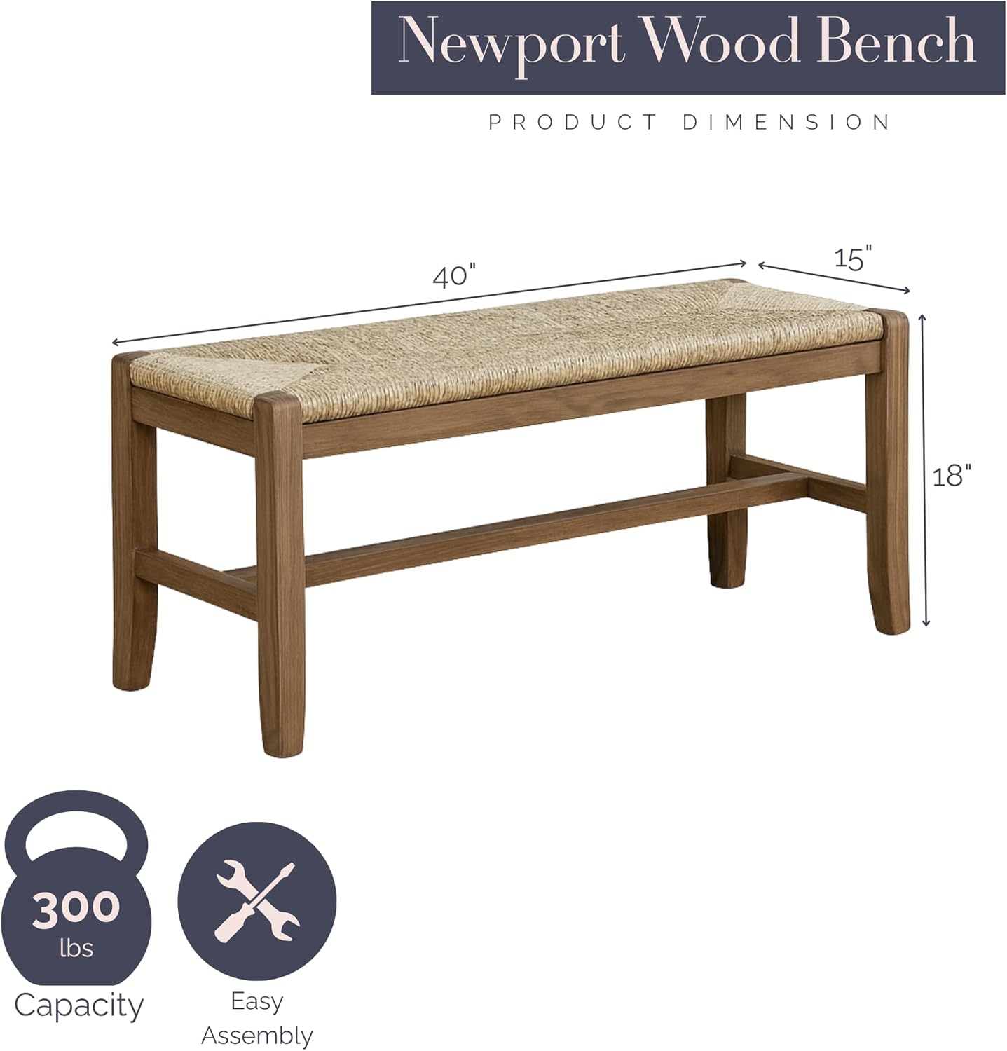 Alaterre Furniture Newport 40" Wood Bench with Rush Seat