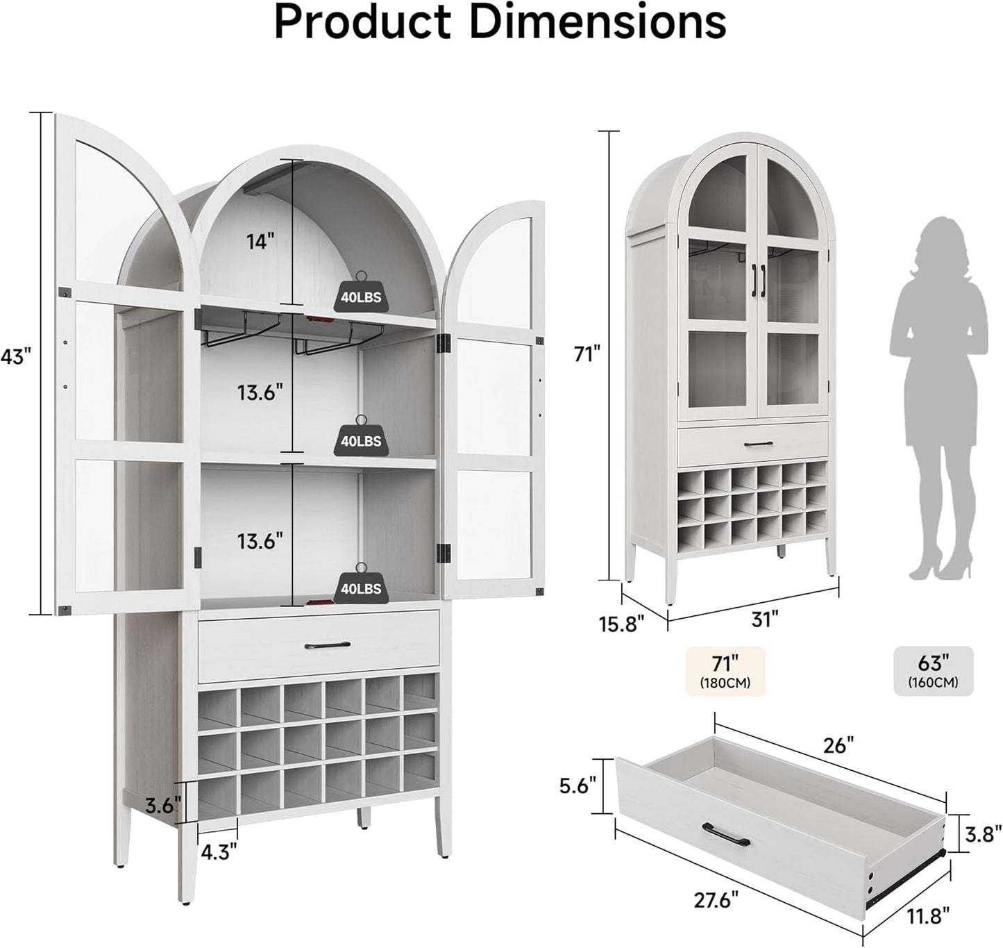 71" Tall Wine Bar Cabinet, Arched Storage Cabinets with Door, Whiskey Station with Wine Rack and Glass Holder, Liquor Bar Cabinet for Home Kitchen Living Dining Room (Off White)