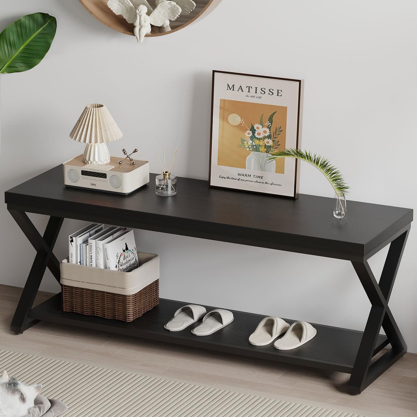 IBF Wooden Bench Indoor, Wood Entry Way Bench with Shoe Storage Rack for Entryway, Industrial Entryway Bench Seat for Foyer Bedroom Living Room Entrance Organization, Rustic Brown Oak, 39 Inch Long