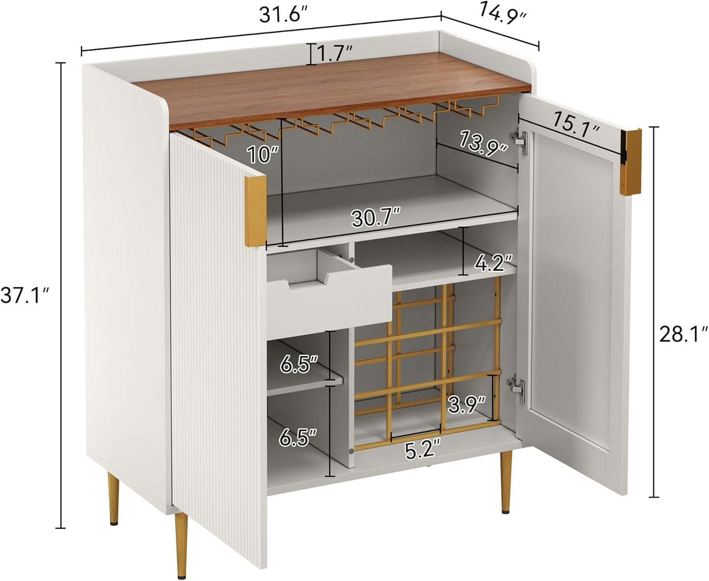 ARTPOWER Wine Bar Cabinet with Fluted Texture, Modern Coffee Cabinet with Wine Rack&Glass Holder, White Kitchen Buffet Sideboard, Freestanding Liquor Cabinet for Dining Room Living Room