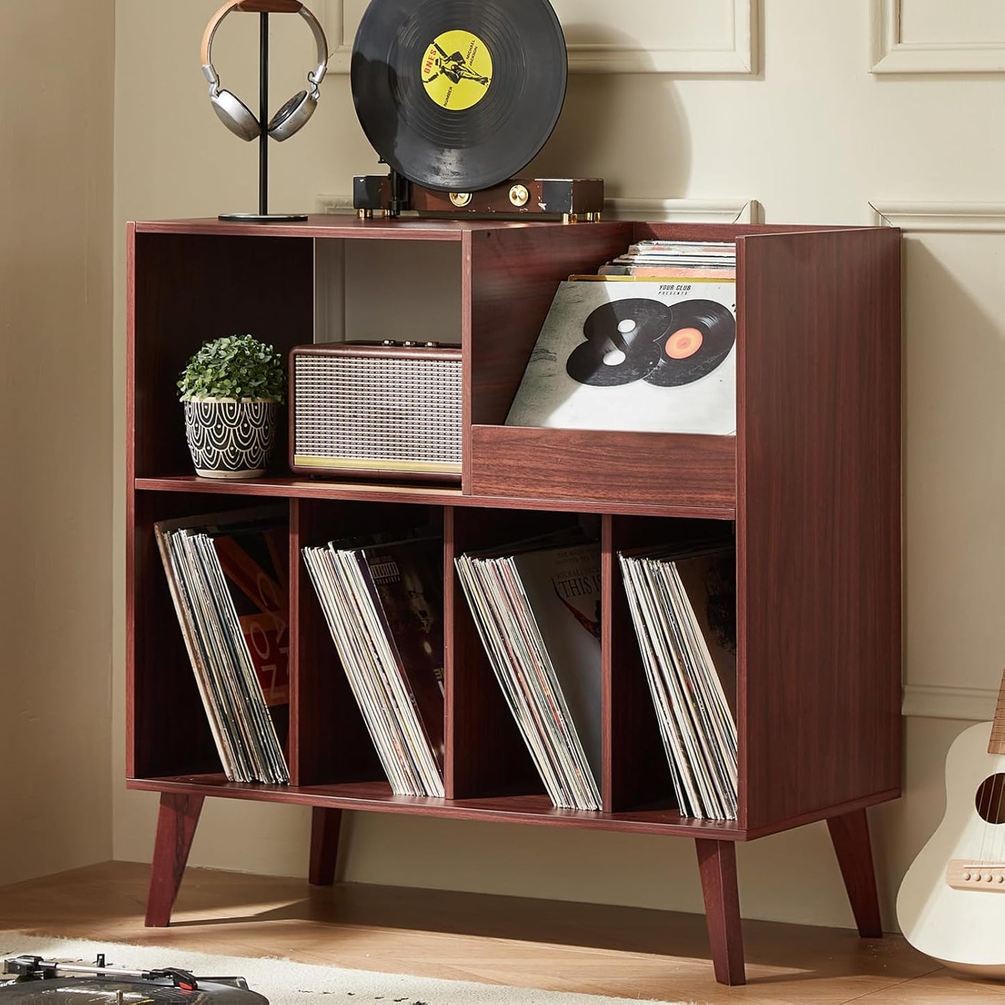 LELELINKY Large Record Player Stand, Turntable Stand with Storage, Vinyl Record Holder with Display Area, Record Player Table Holds Up to 300 Albums, Record Stand for Music Room Living Room-Natural