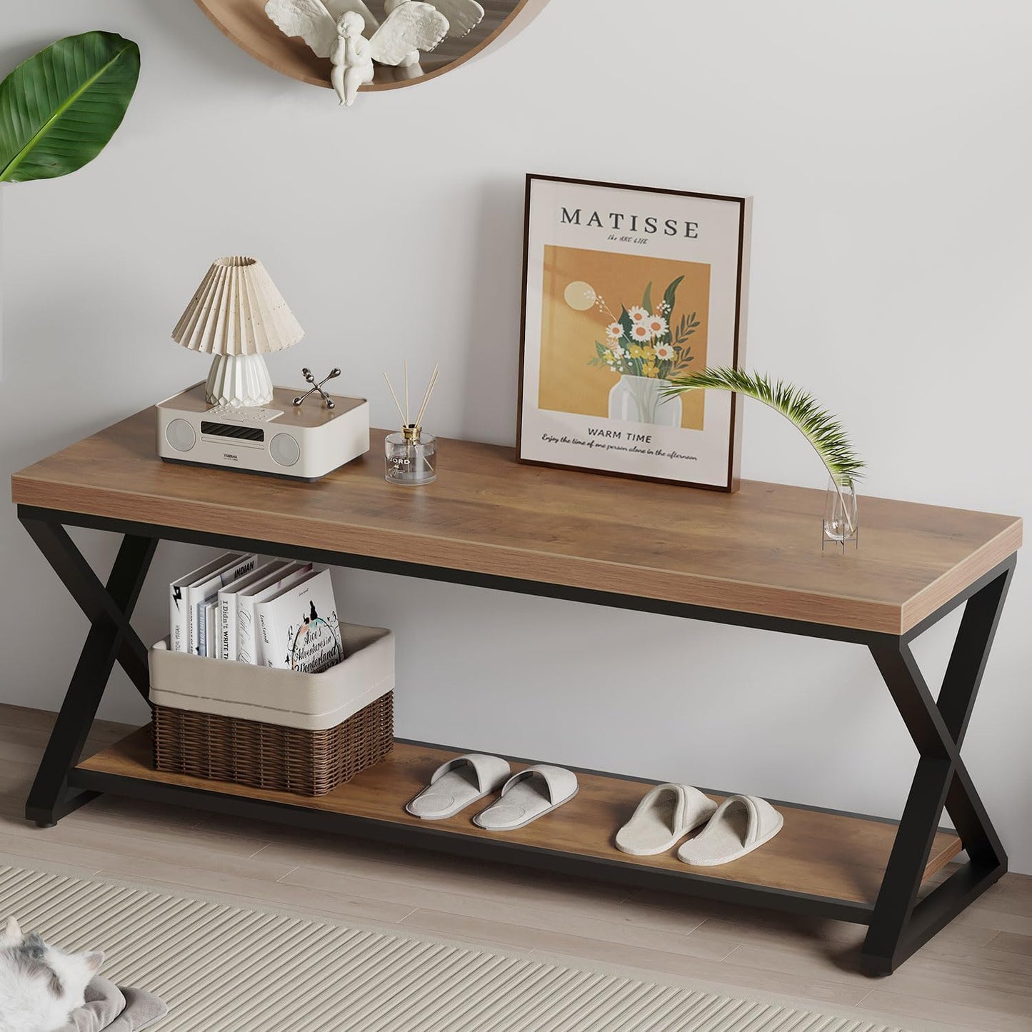 IBF Wooden Bench Indoor, Wood Entry Way Bench with Shoe Storage Rack for Entryway, Industrial Entryway Bench Seat for Foyer Bedroom Living Room Entrance Organization, Rustic Brown Oak, 39 Inch Long
