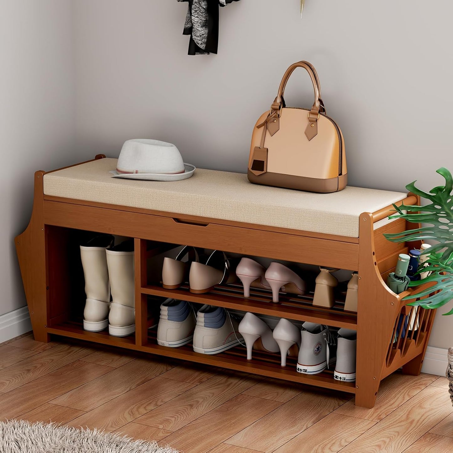 Entryway Shoe Bench, 35.4" Bamboo Bench for Bedroom End of Bed, 2-Tier Shoe Rack with Cushion Padded Seat, Shoe Organizer Stable for Entry Hallway Living Room Bedroom, 35.4"W x11.2"D x 17.7"H
