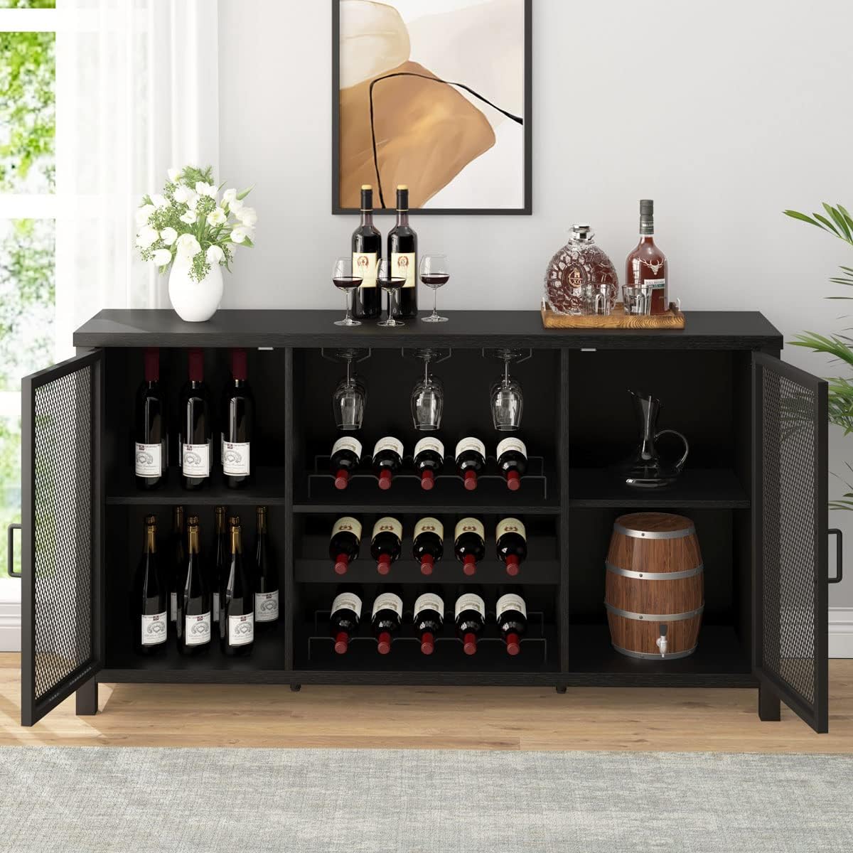 IBF Black Coffee Bar and Liquor Cabinet With Wine Rack Storage, Industrial Kitchen Buffet for Home Living Dining Room, Black Oak, 55 Inch