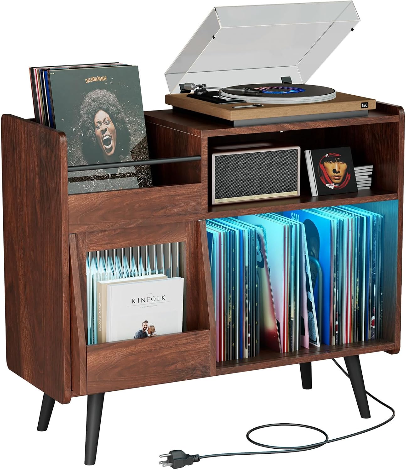 Large Record Player Stand with Sliding Door,350 Vinyl Record Storage Cabinet, Record Player Table with Power Outlet and LED Light,Turntable Stand with Wood Legs for Living Room,Bedroom,Office