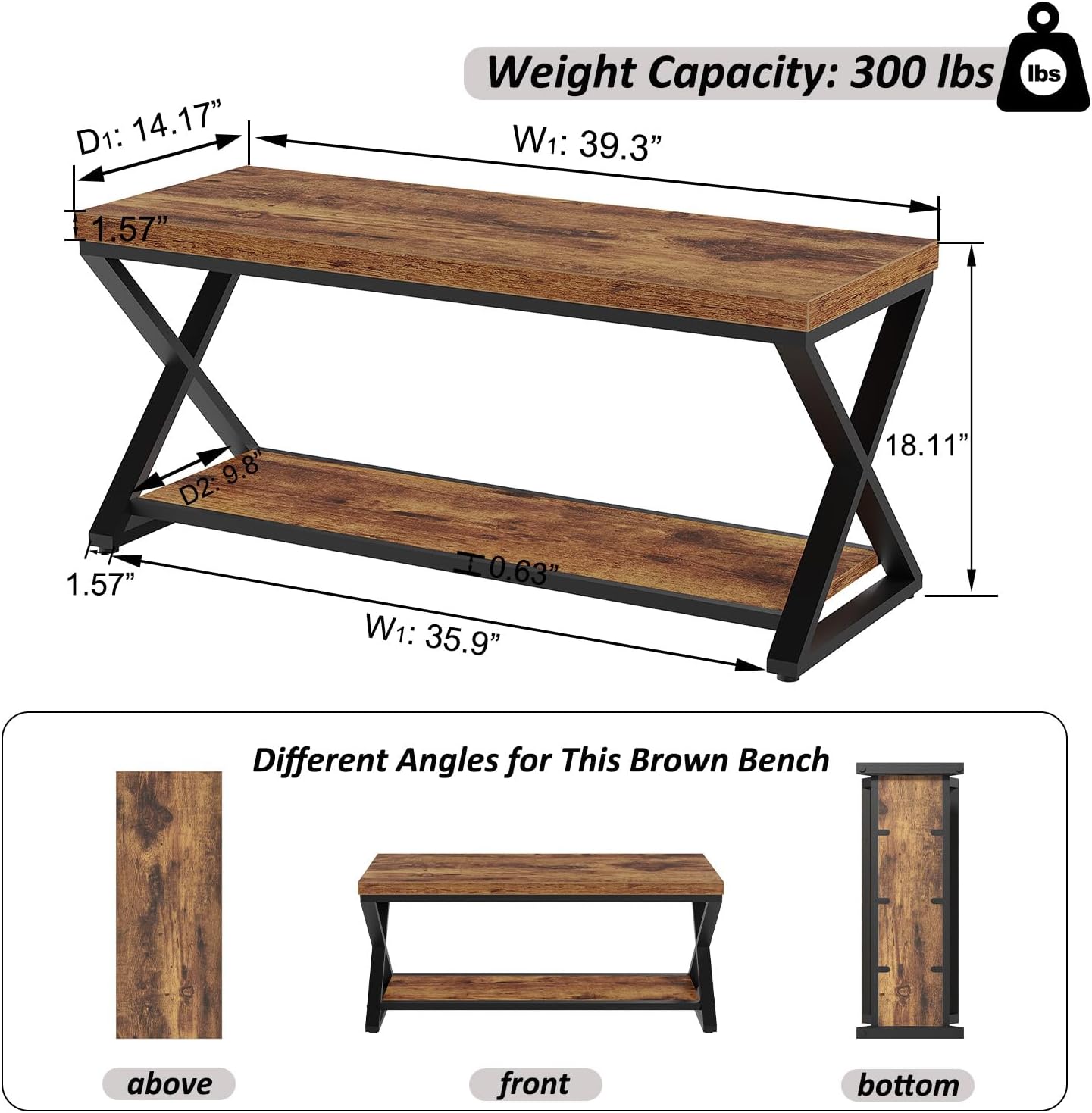 IBF Wooden Bench Indoor, Wood Entry Way Bench with Shoe Storage Rack for Entryway, Industrial Entryway Bench Seat for Foyer Bedroom Living Room Entrance Organization, Rustic Brown Oak, 39 Inch Long